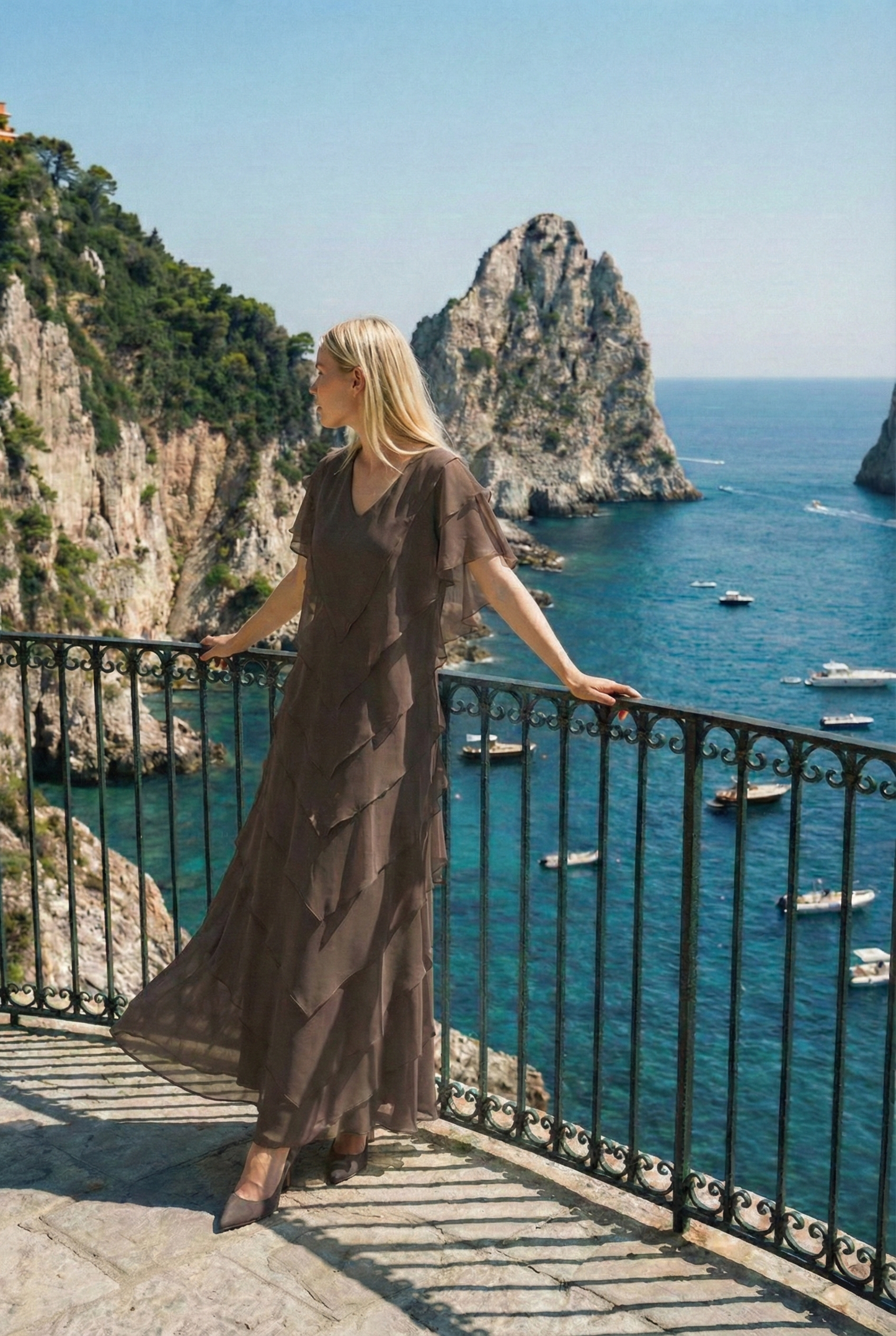 Limsa Club Samara Cape Evening Gown in Brown — editorial view