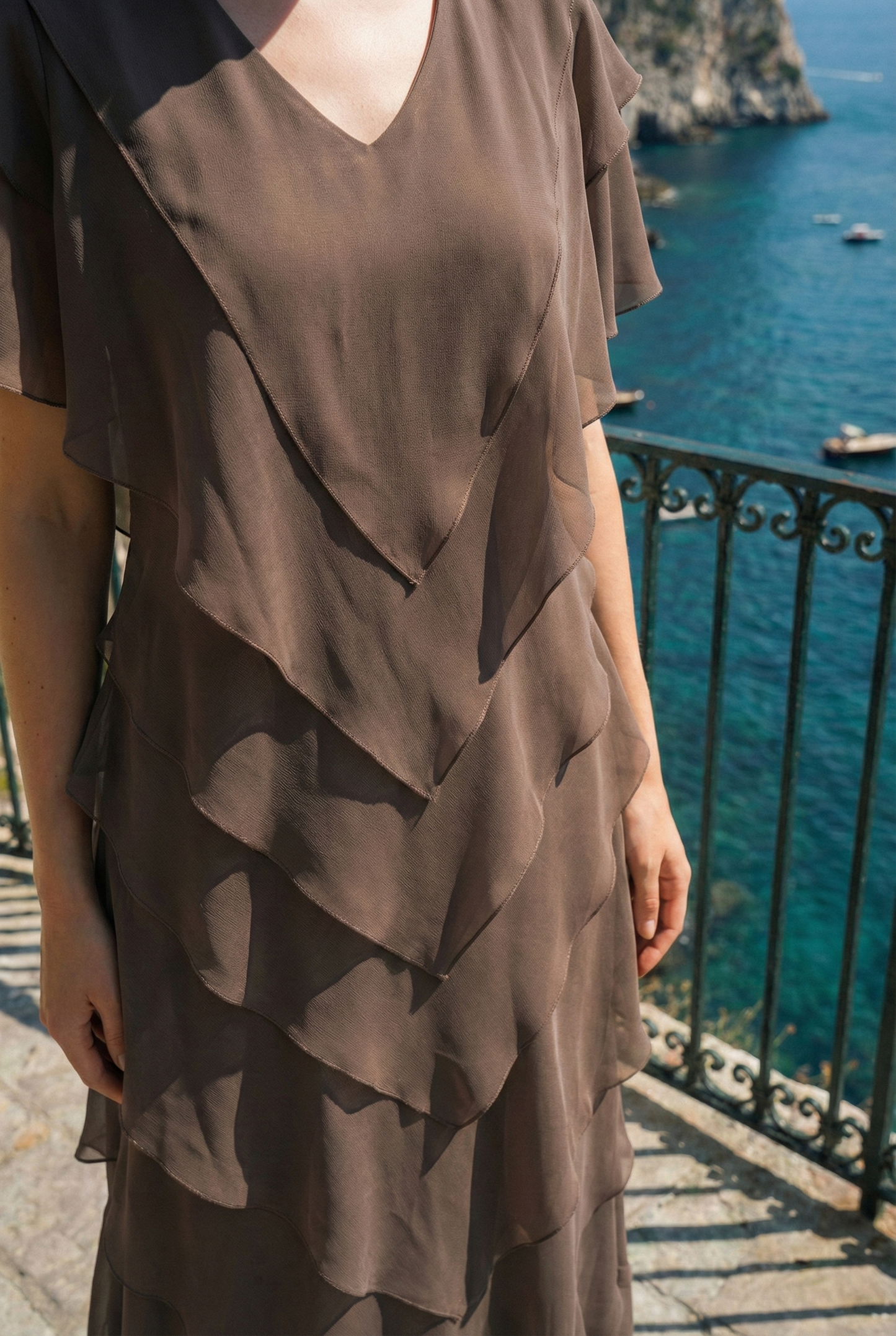 Limsa Club Samara Cape Evening Gown in Brown — full-length view