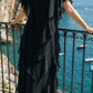 Limsa Club Samara Cape Evening Gown in Black — full-length view