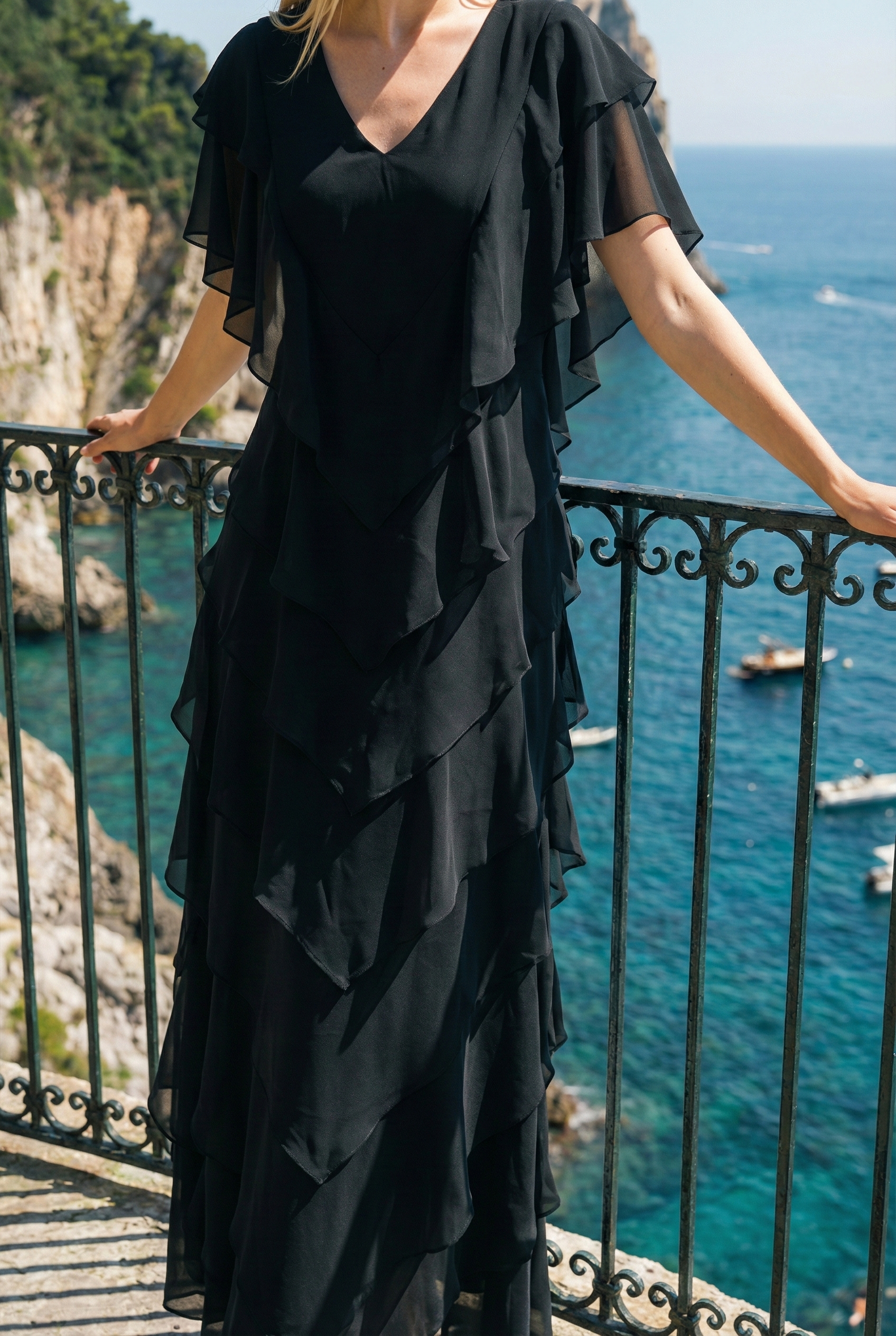 Limsa Club Samara Cape Evening Gown in Black — full-length view