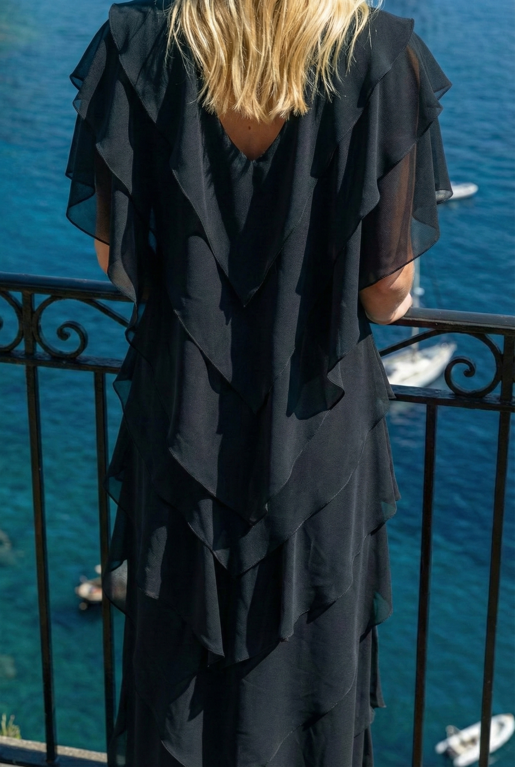 Limsa Club Samara Cape Evening Gown in Black — close-up detail