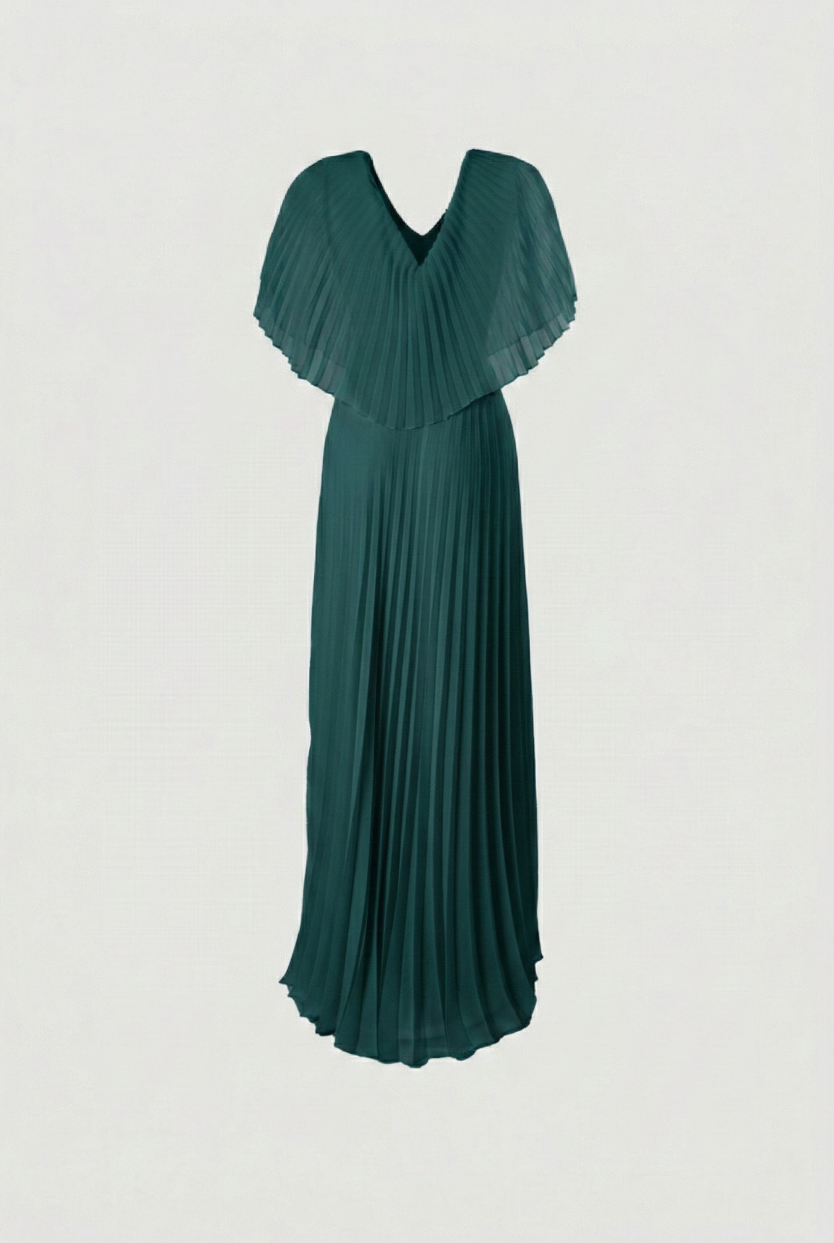 Solena Long Pleated Chiffon V-Neck Cape Detail Formal Evening Dress