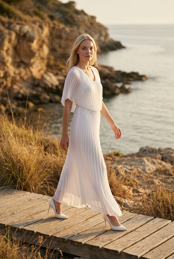 SOLENA Long Pleated Chiffon V-Neck Cape Detail Formal Evening Dress