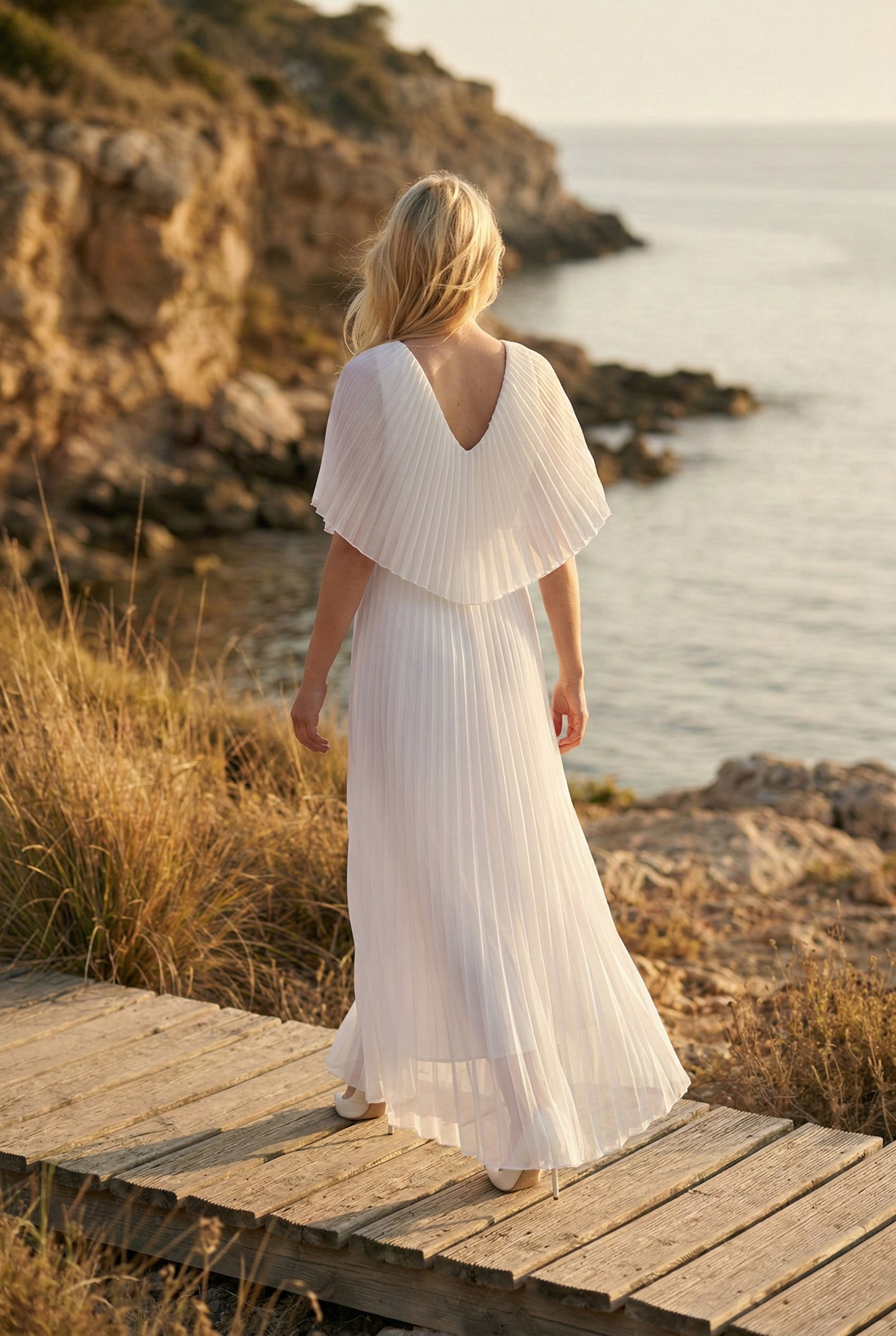 Limsa Club Solena V-Neck Cape Evening Dress in Bone — detail view