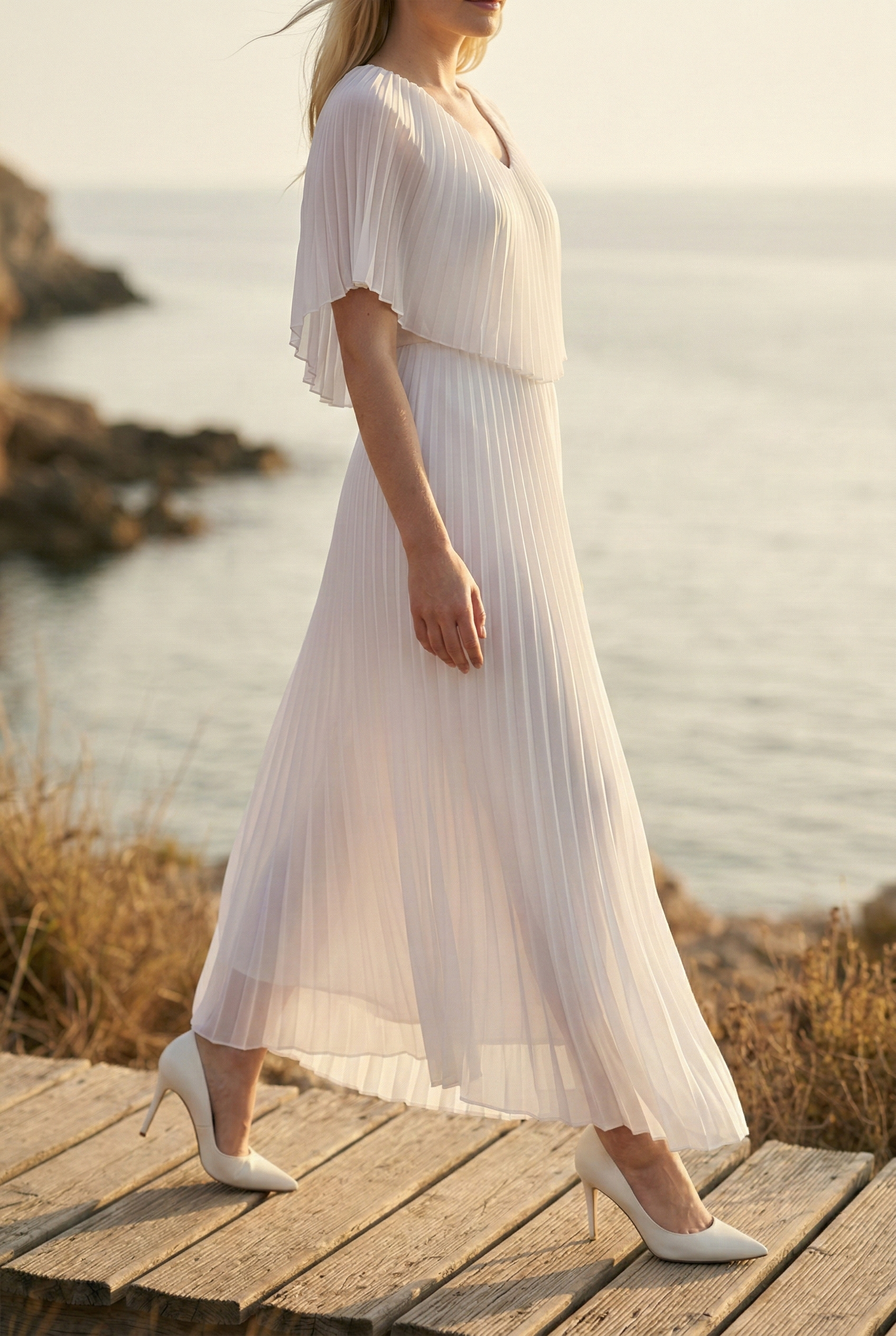 Limsa Club Solena V-Neck Cape Evening Dress in Bone — full-length view