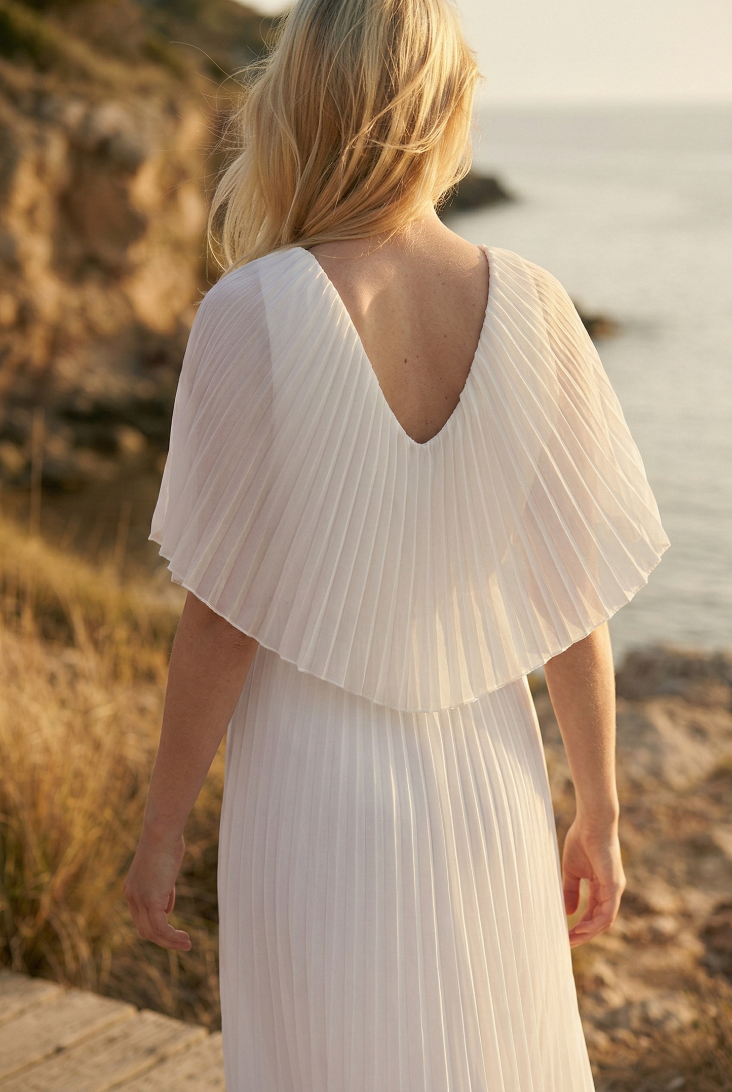 Limsa Club Solena V-Neck Cape Evening Dress in Bone — close-up detail