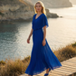 Limsa Club Solena V-Neck Cape Evening Dress in Sax Blue — front view