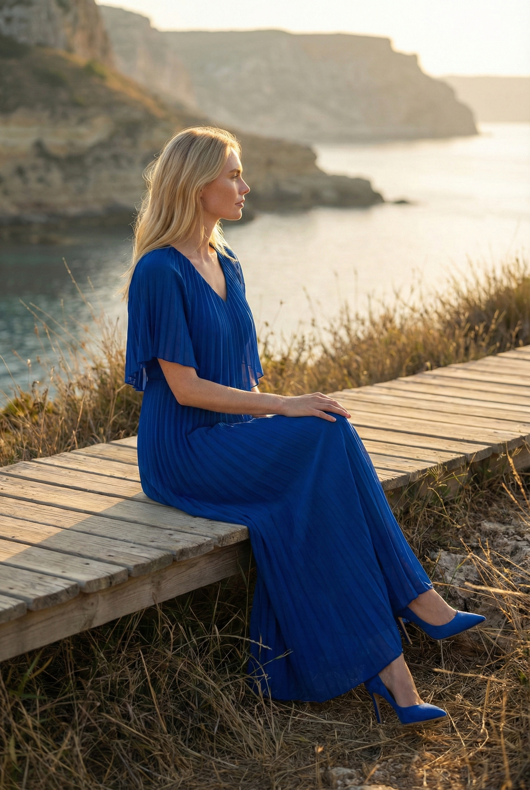 Limsa Club Solena V-Neck Cape Evening Dress in Sax Blue — side view