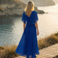 Limsa Club Solena V-Neck Cape Evening Dress in Sax Blue — detail view