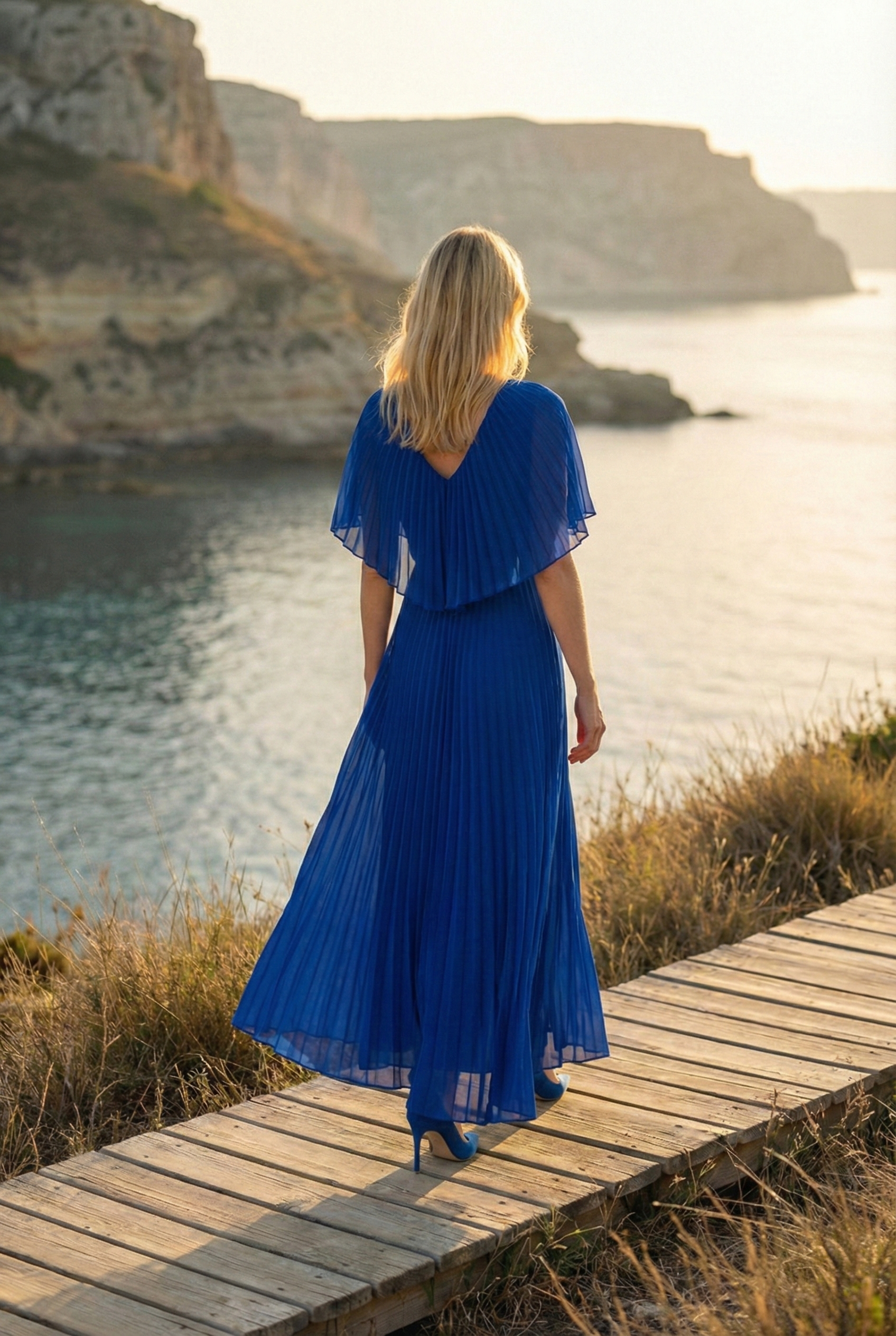 Limsa Club Solena V-Neck Cape Evening Dress in Sax Blue — detail view