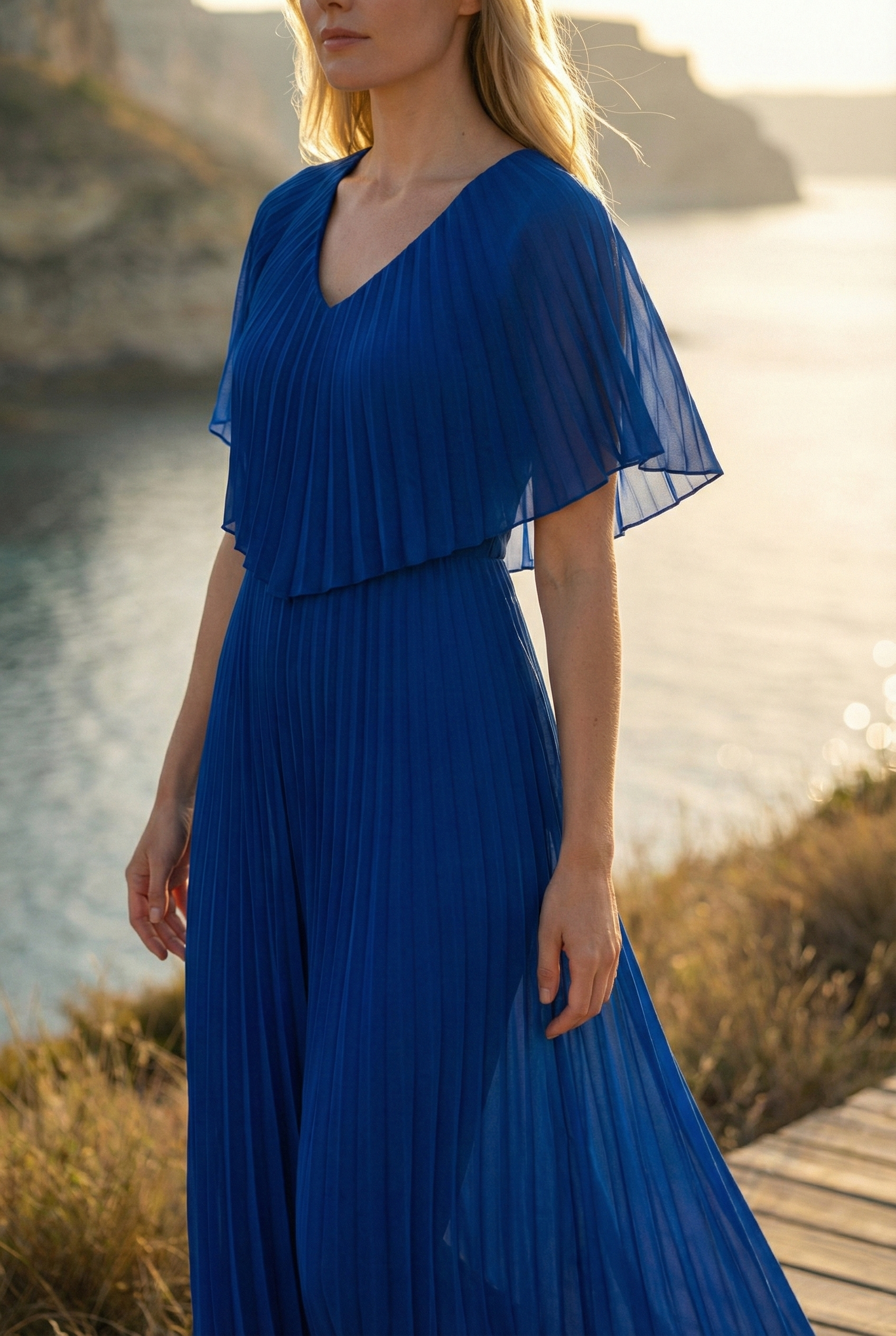 Limsa Club Solena V-Neck Cape Evening Dress in Sax Blue — full-length view
