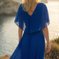 Limsa Club Solena V-Neck Cape Evening Dress in Sax Blue — close-up detail