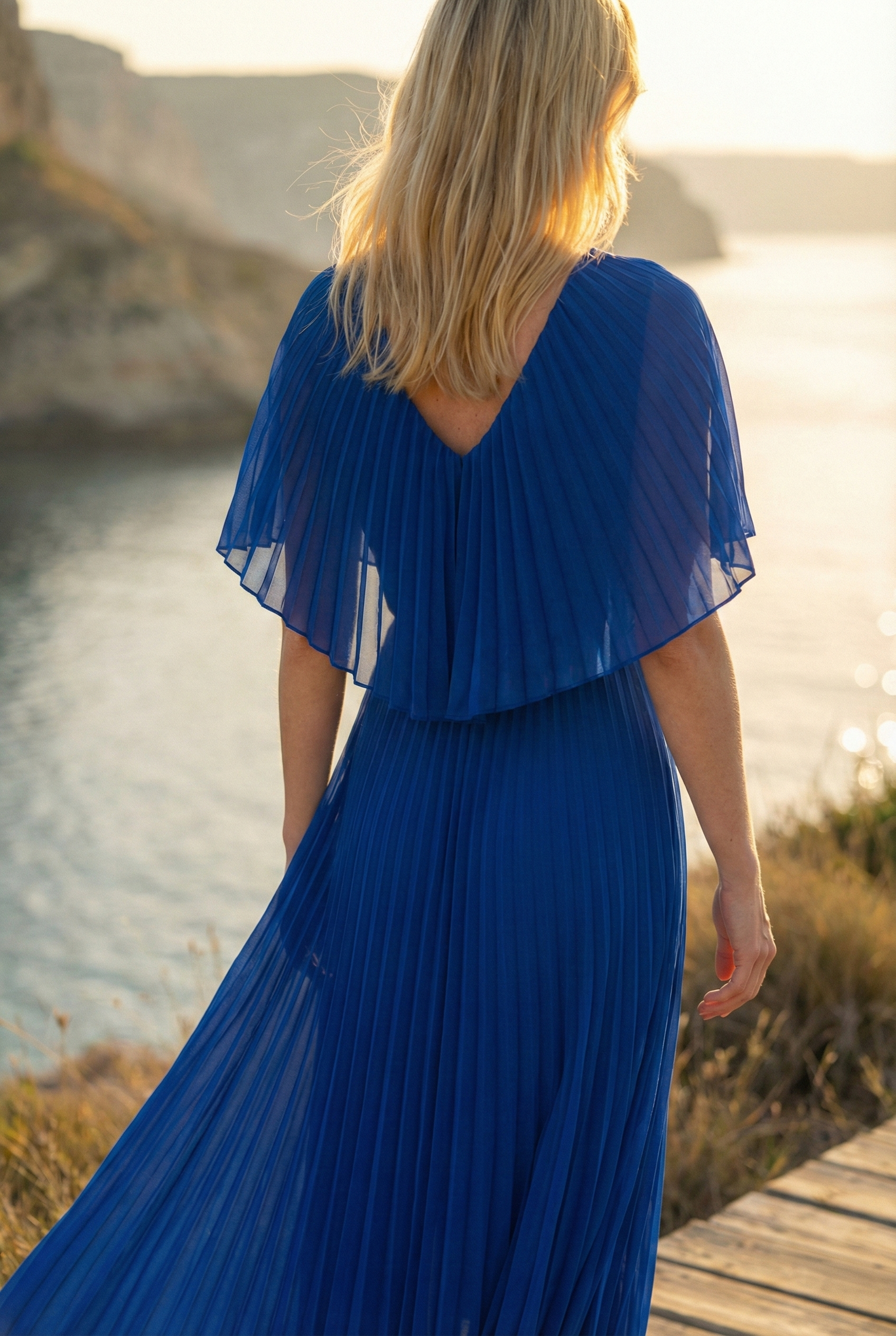 Limsa Club Solena V-Neck Cape Evening Dress in Sax Blue — close-up detail