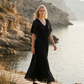 Limsa Club Solena V-Neck Cape Evening Dress in Black — front view