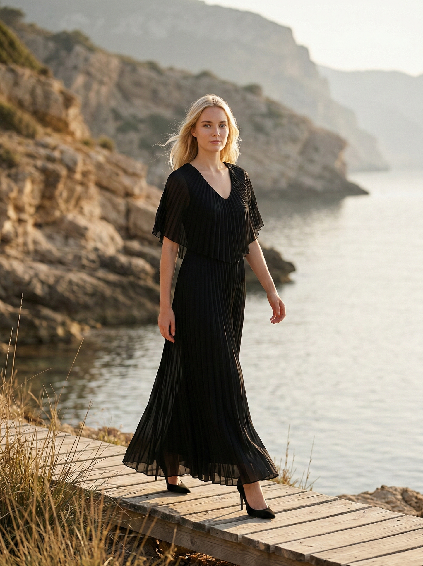 Limsa Club Solena V-Neck Cape Evening Dress in Black — front view