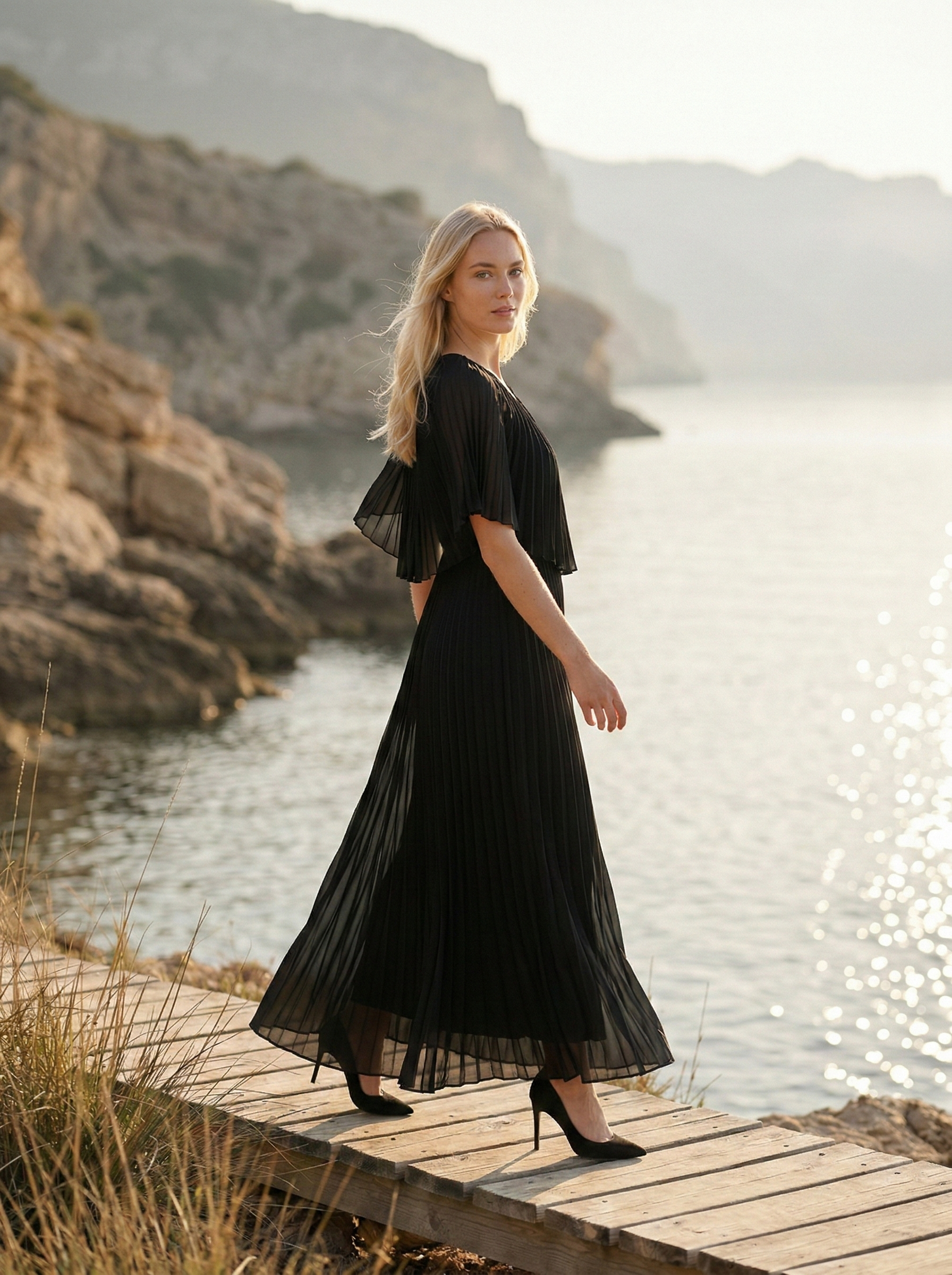 Limsa Club Solena V-Neck Cape Evening Dress in Black — side view