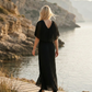 Limsa Club Solena V-Neck Cape Evening Dress in Black — detail view