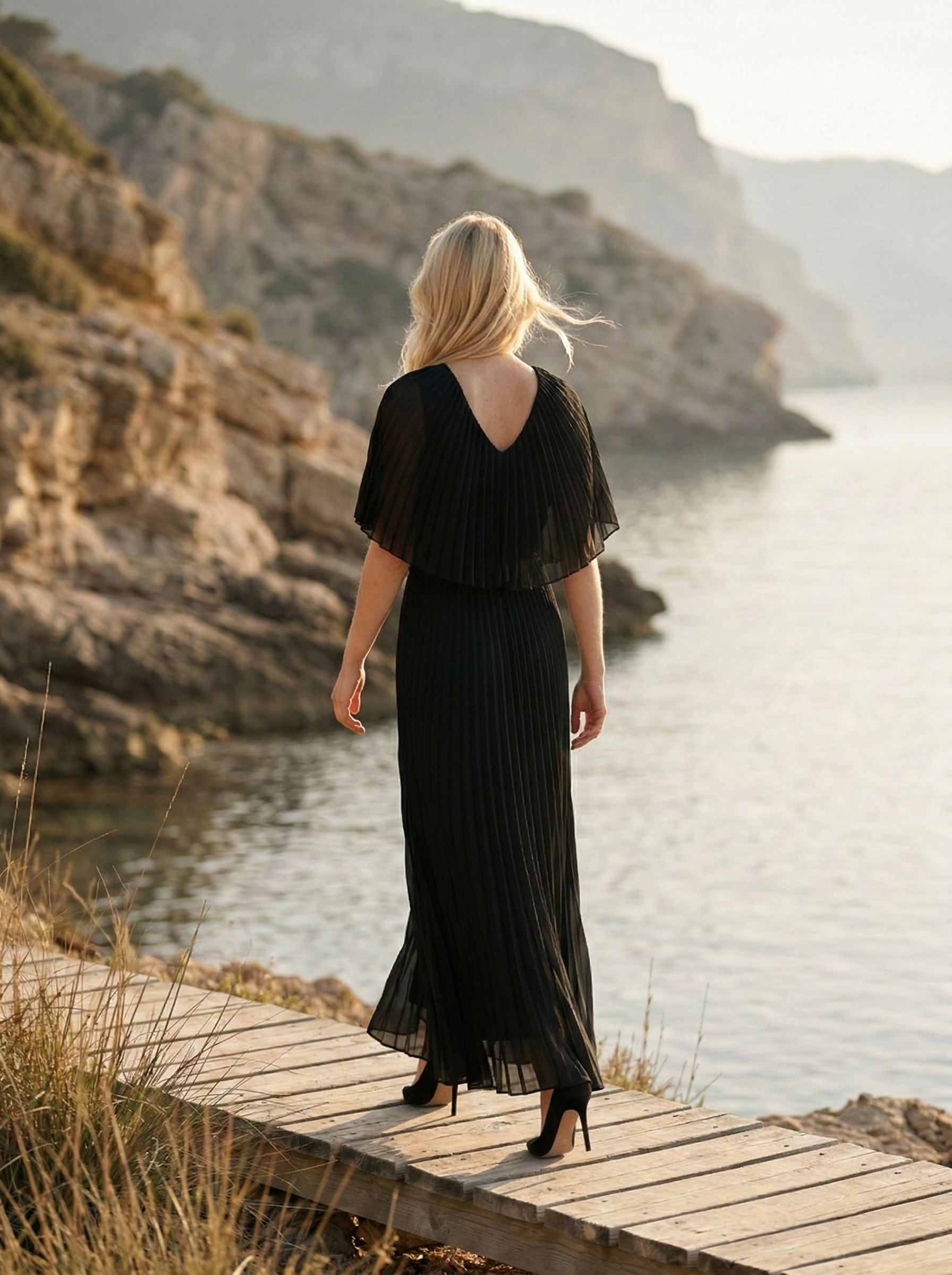 Limsa Club Solena V-Neck Cape Evening Dress in Black — detail view