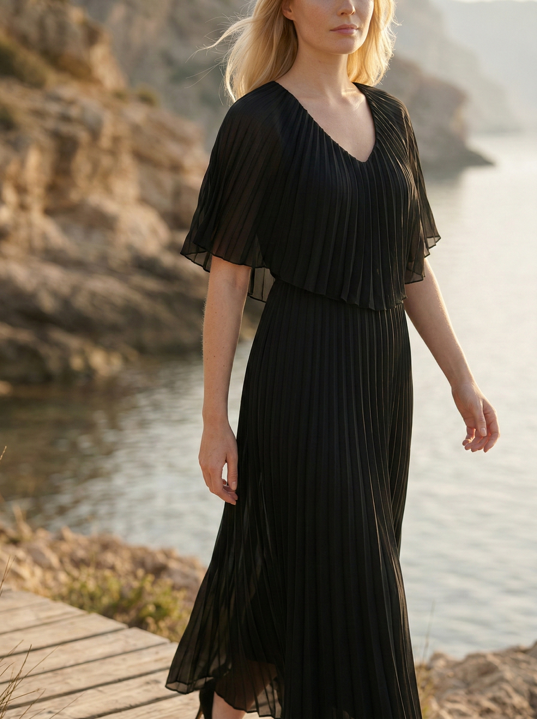 Limsa Club Solena V-Neck Cape Evening Dress in Black — full-length view