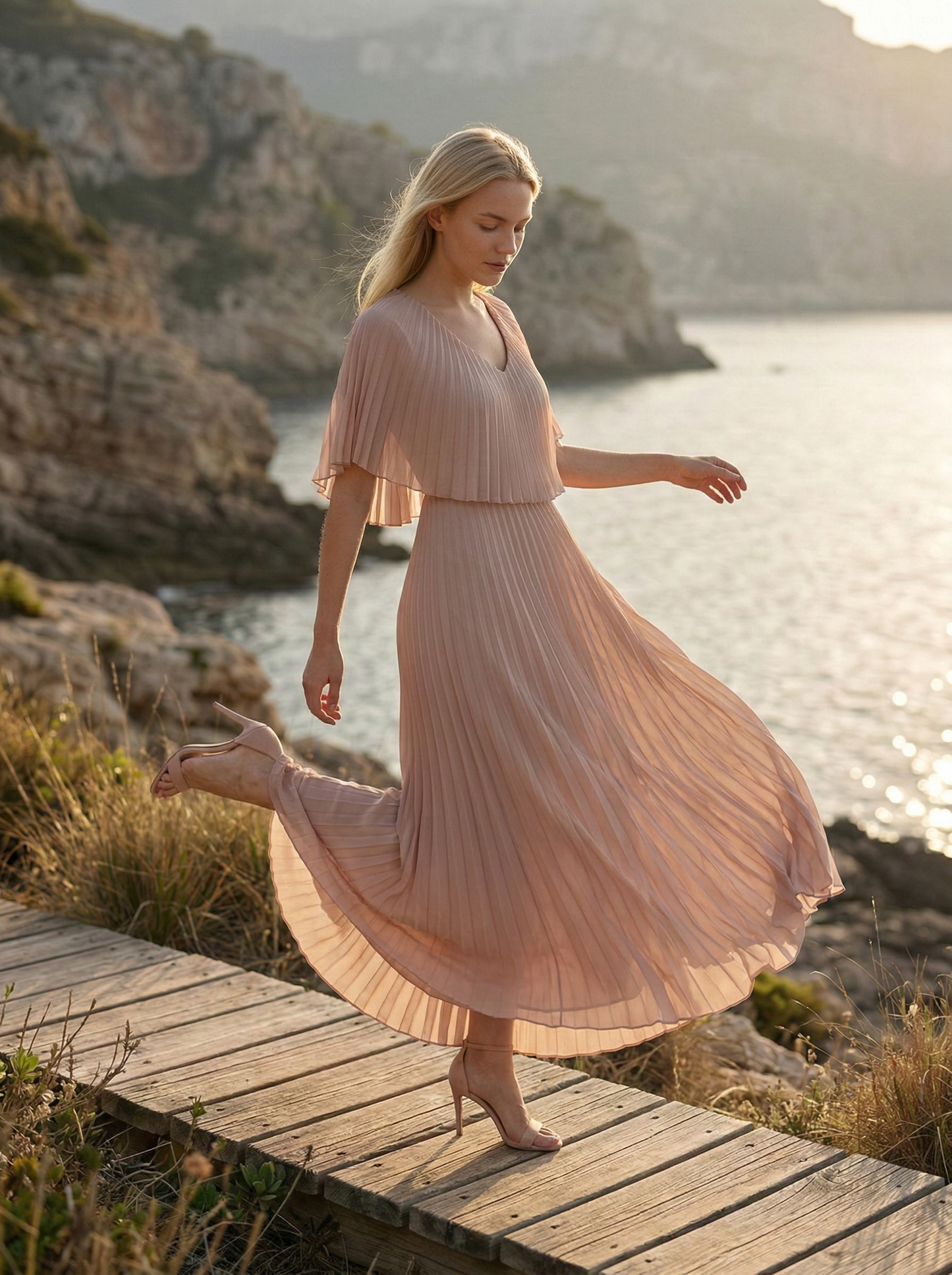 Limsa Club Solena V-Neck Cape Evening Dress in Mink — back view