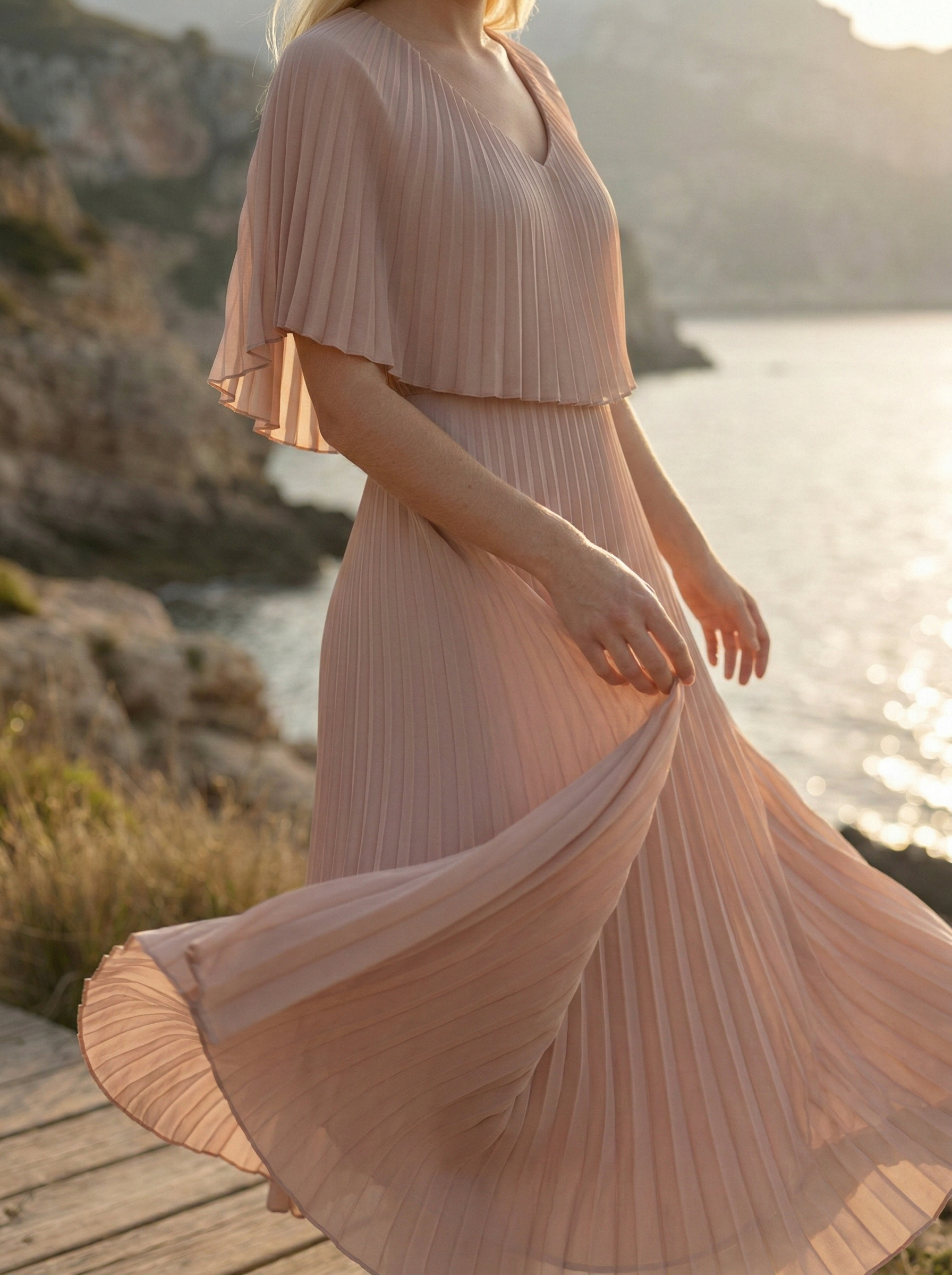 Limsa Club Solena V-Neck Cape Evening Dress in Mink — full-length view