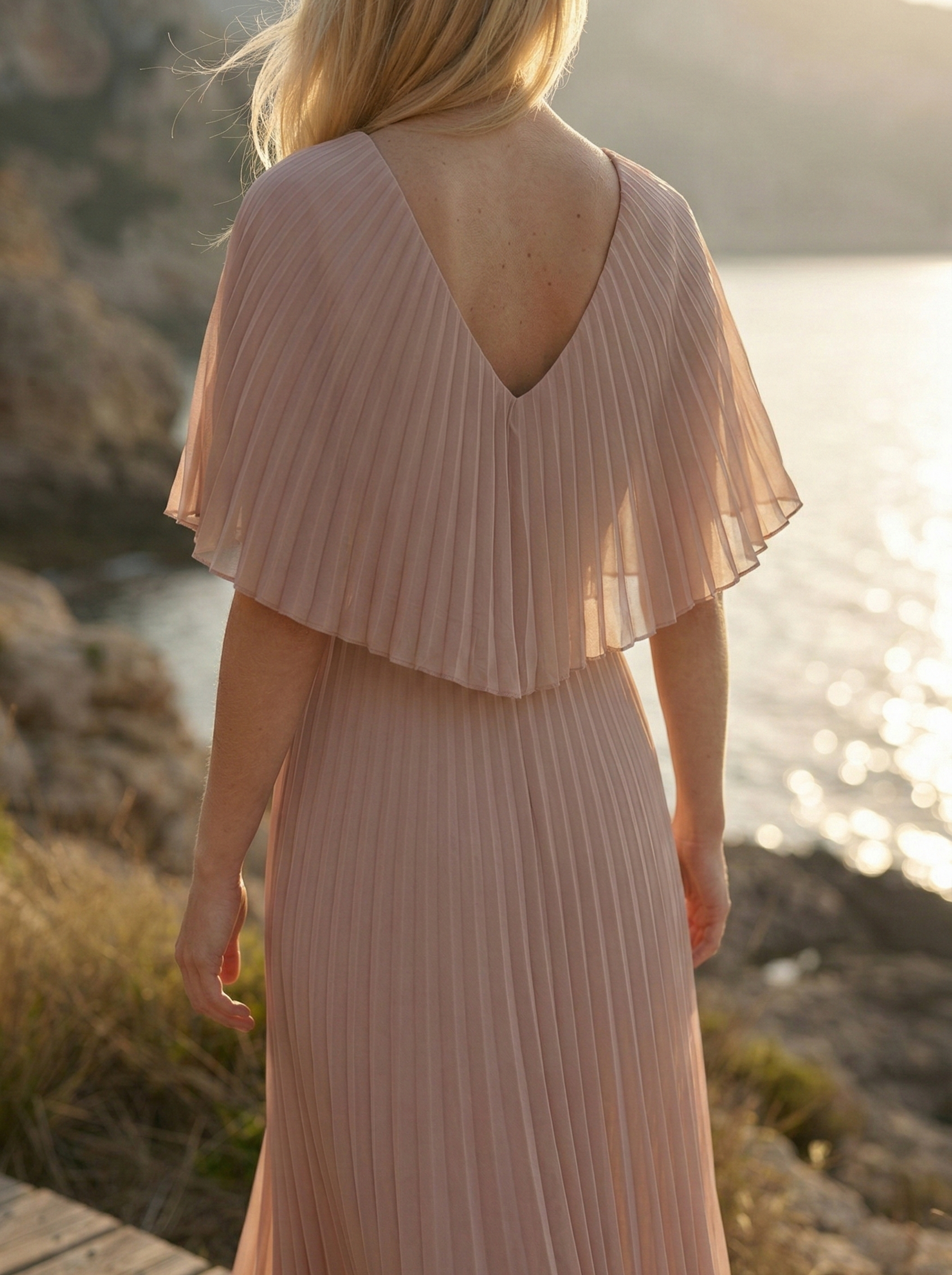 Limsa Club Solena V-Neck Cape Evening Dress in Mink — close-up detail