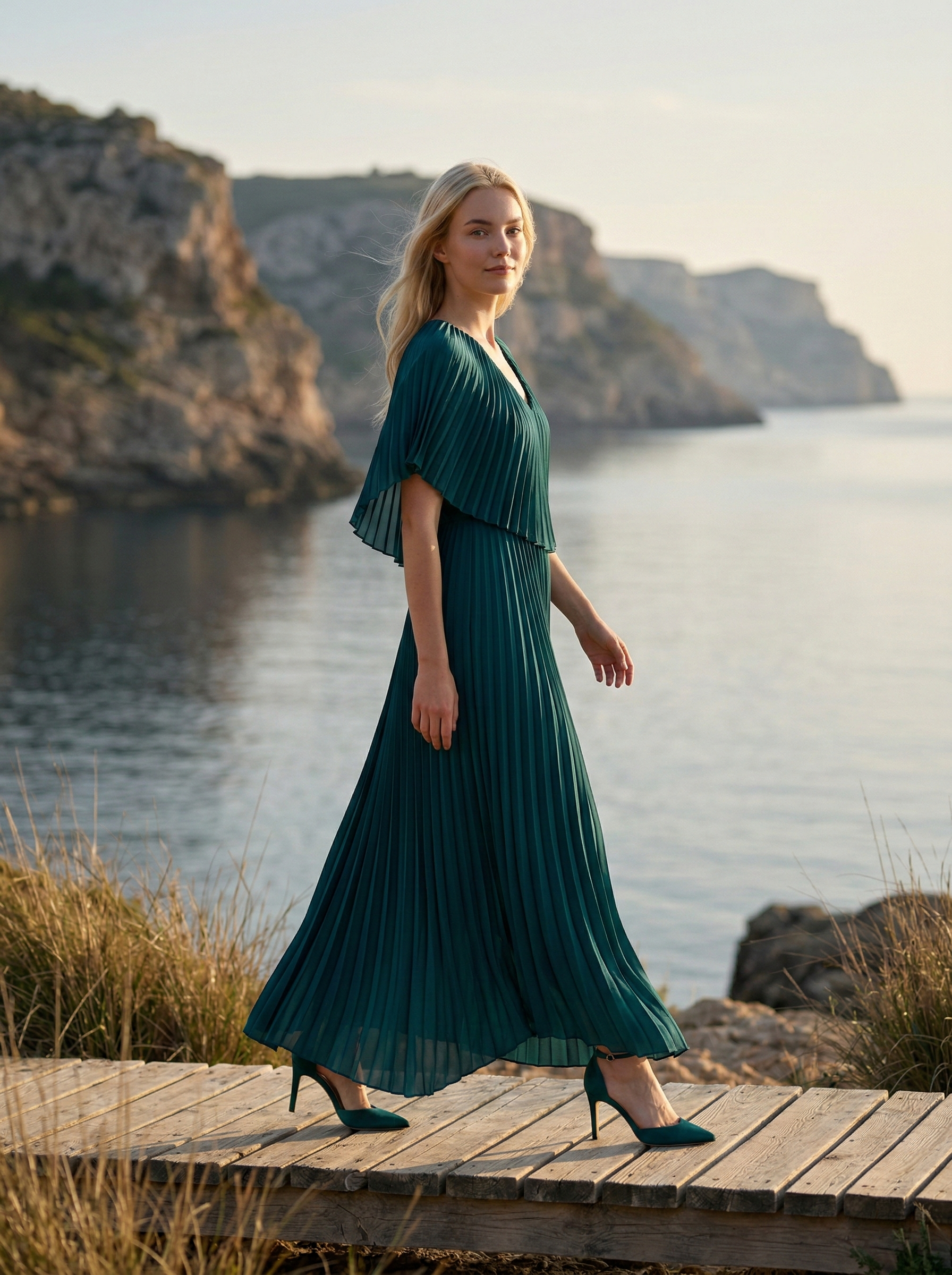 Limsa Club Solena V-Neck Cape Evening Dress in Green — front view