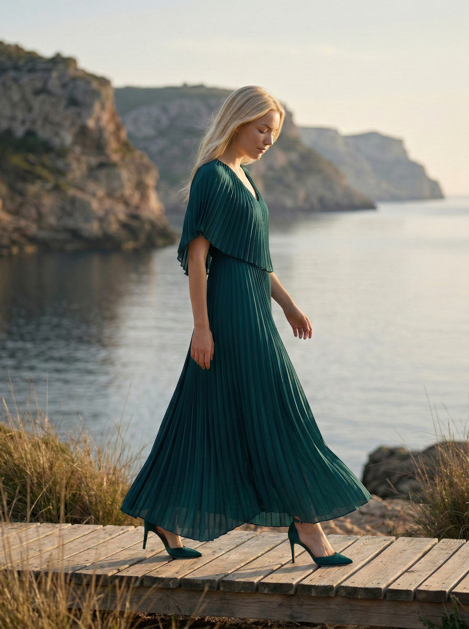 Limsa Club Solena V-Neck Cape Evening Dress in Green — side view