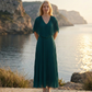 Limsa Club Solena V-Neck Cape Evening Dress in Green — back view