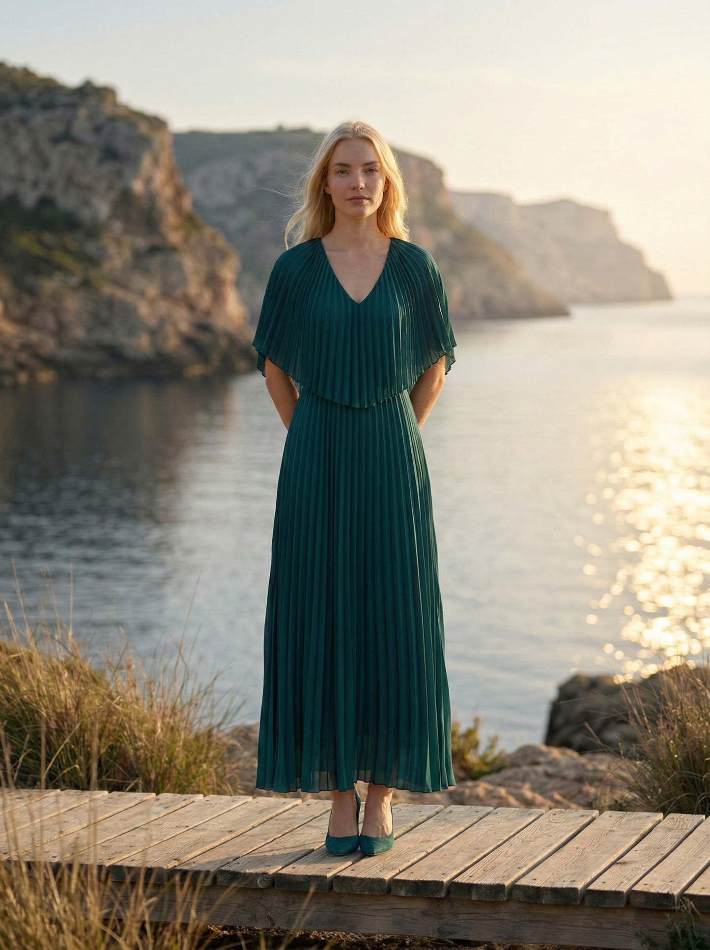 Limsa Club Solena V-Neck Cape Evening Dress in Green — back view