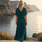 Limsa Club Solena V-Neck Cape Evening Dress in Green — detail view