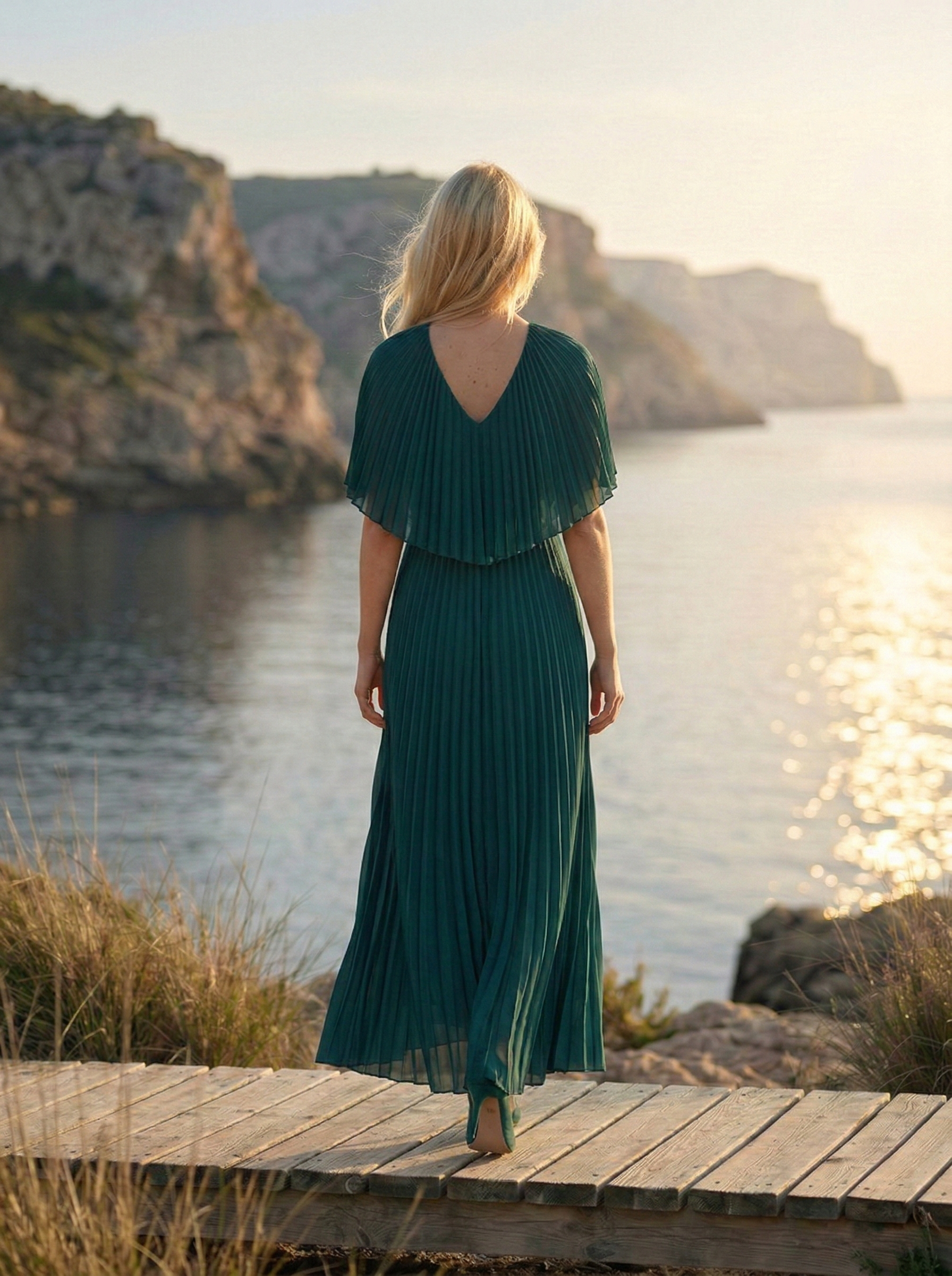 Limsa Club Solena V-Neck Cape Evening Dress in Green — detail view