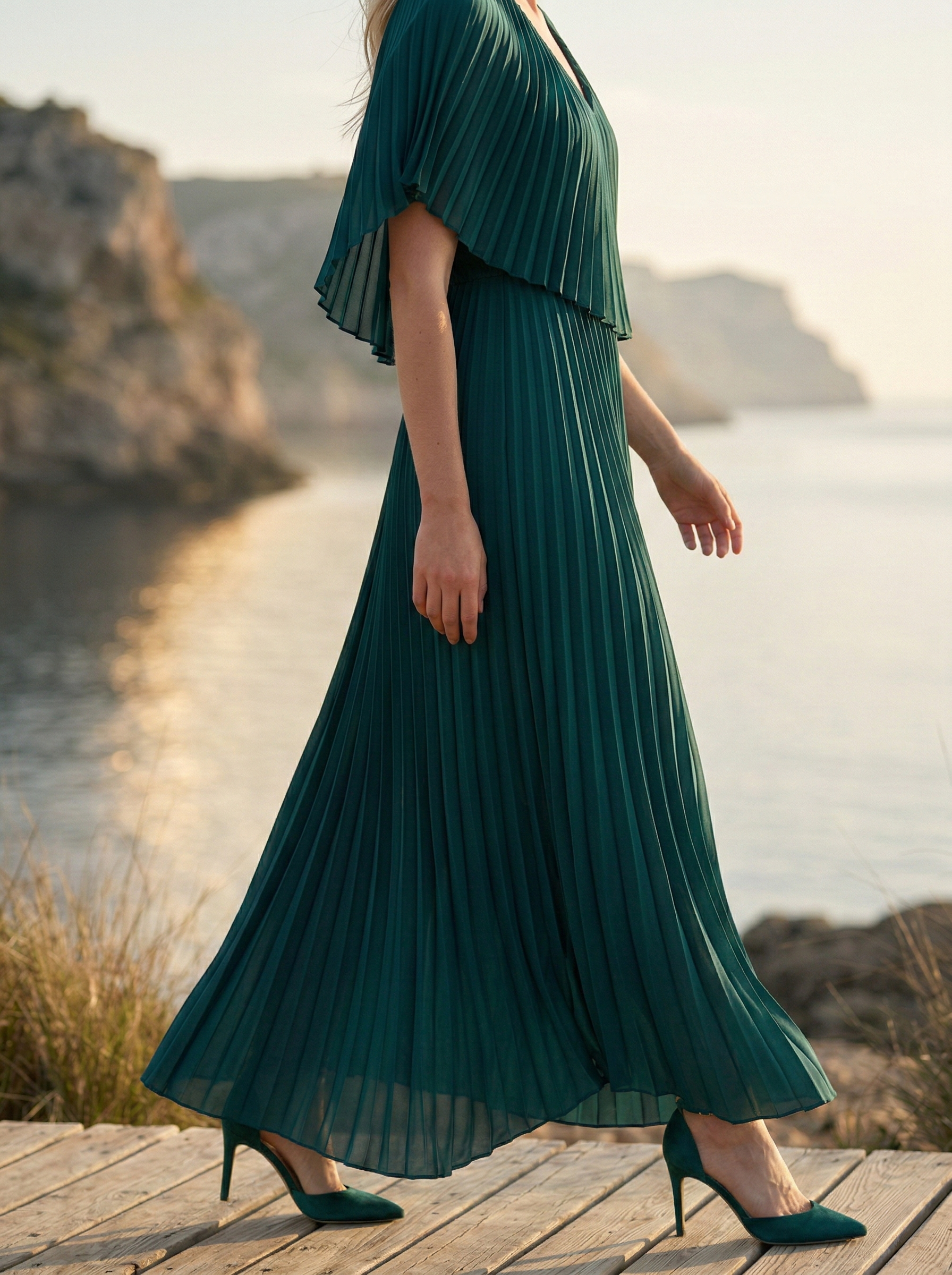 Solena V-Neck Cape Pleated Evening Dress