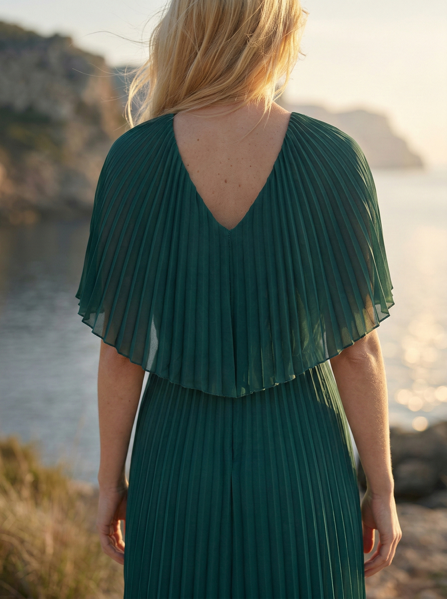 Solena Long Pleated Chiffon V-Neck Cape Detail Formal Evening Dress