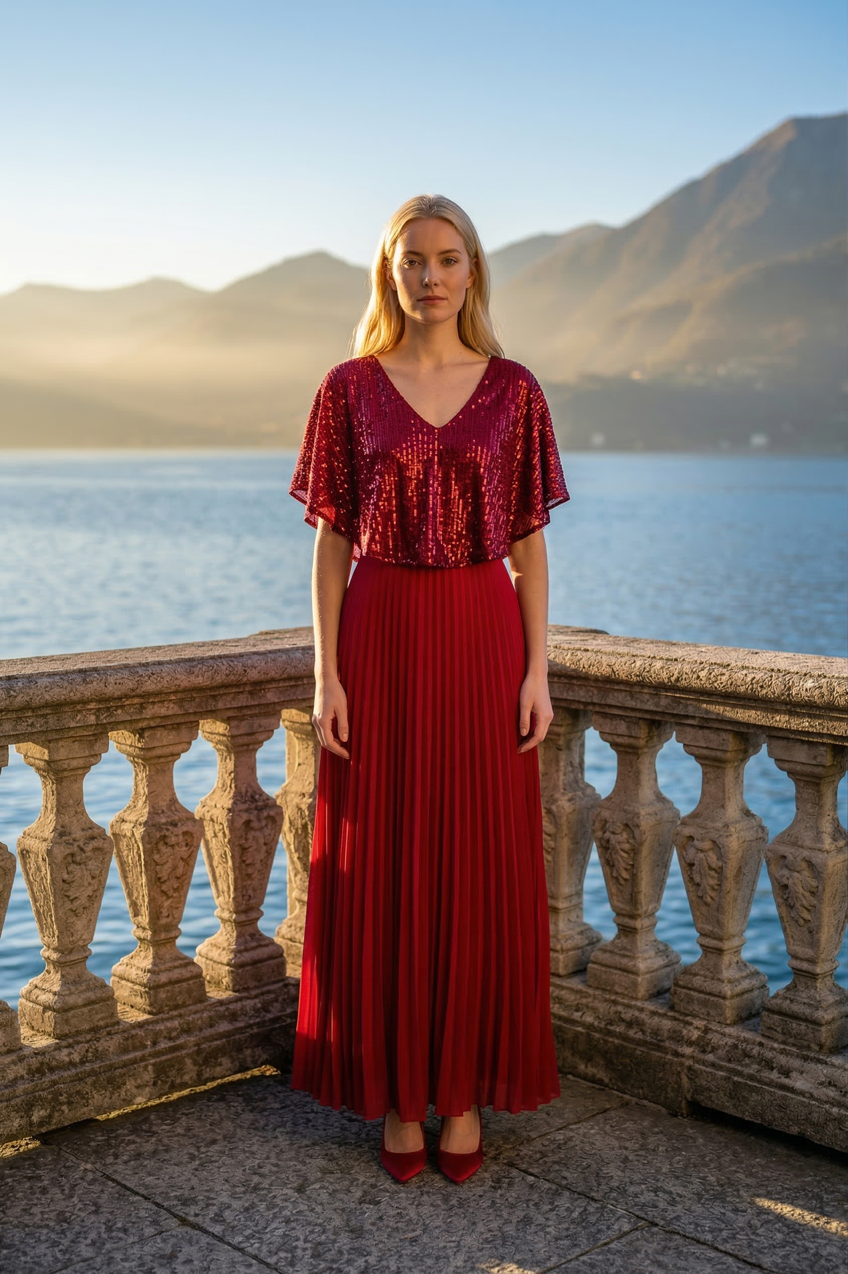 Limsa Club Luna Sequin V-Neck Evening Dress in Red — front view