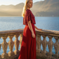 Limsa Club Luna Sequin V-Neck Evening Dress in Red — side view