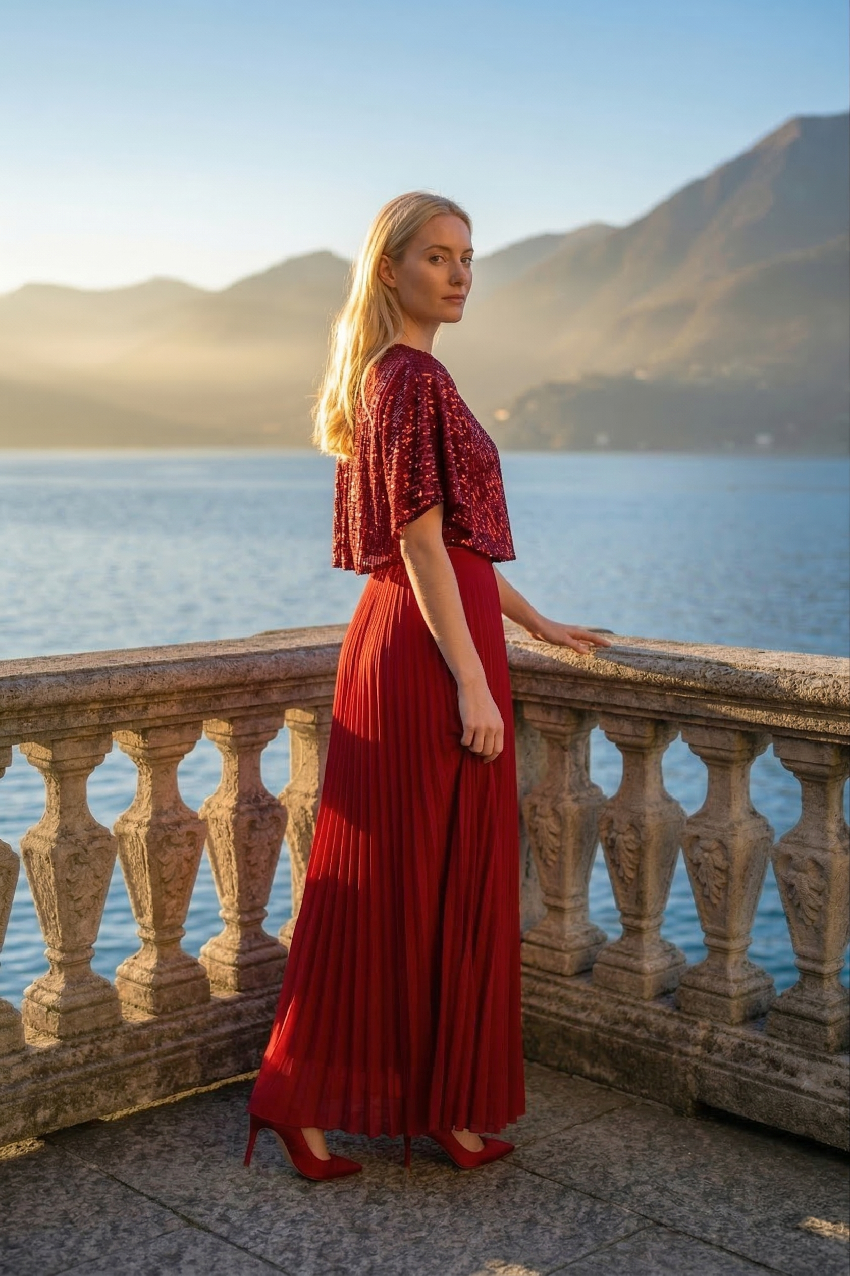 Limsa Club Luna Sequin V-Neck Evening Dress in Red — side view