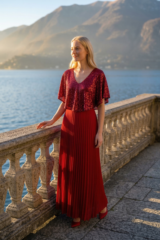 Limsa Club Luna Sequin V-Neck Evening Dress in Red — back view