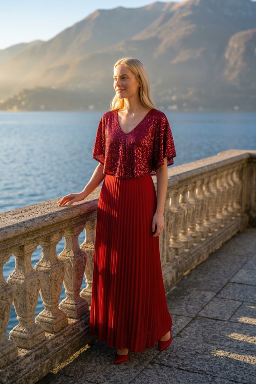 Luna Sequined V-Neck Pleated Long Evening Dress