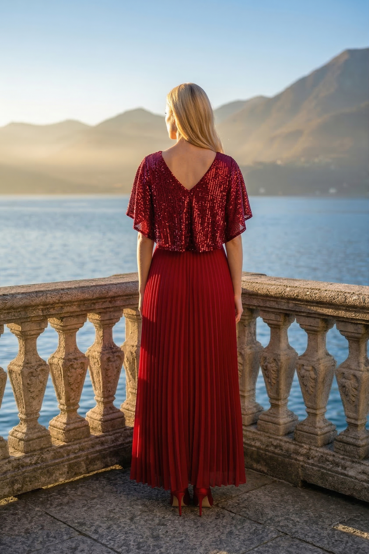 Limsa Club Luna Sequin V-Neck Evening Dress in Red — detail view