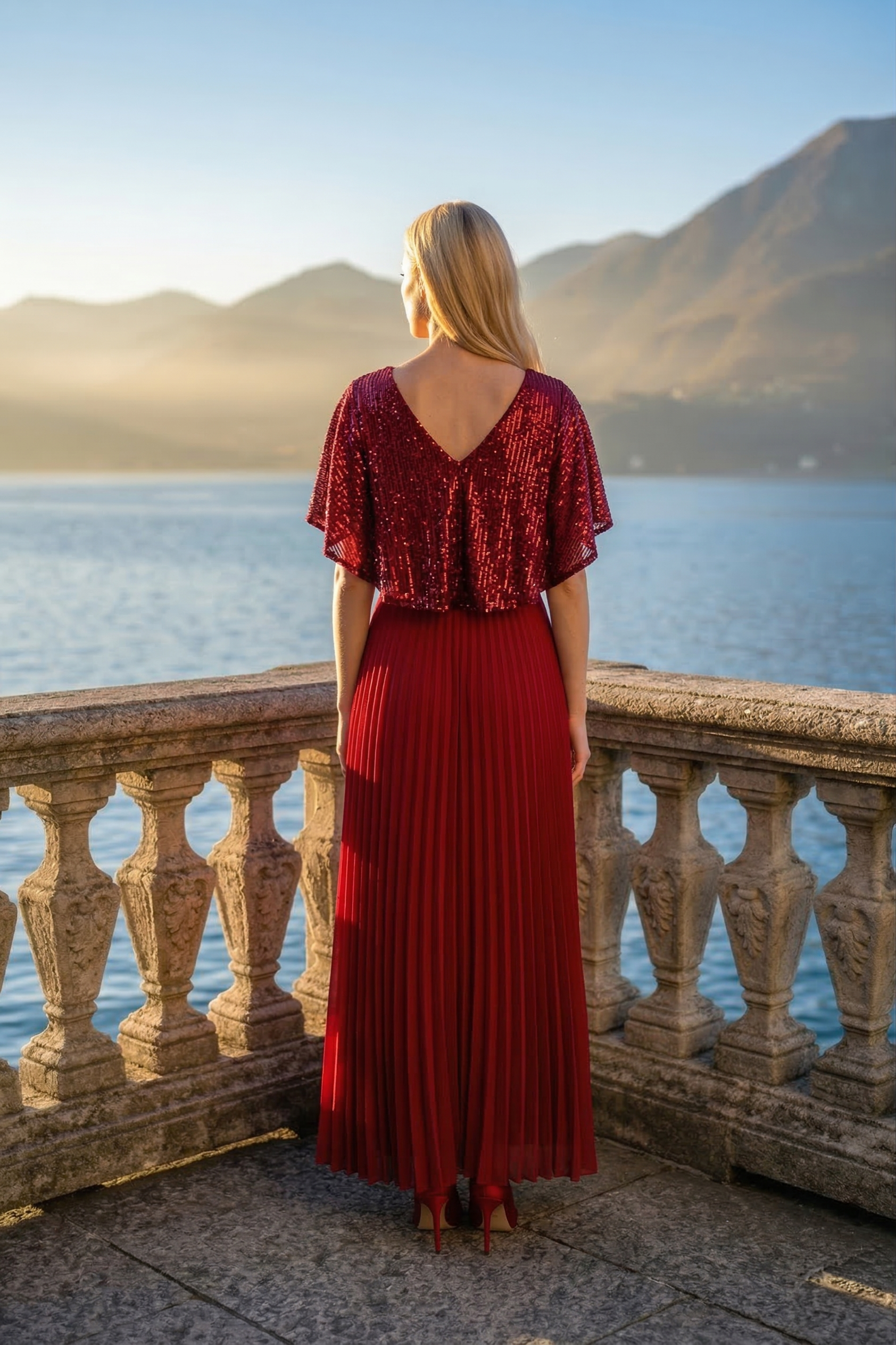 Limsa Club Luna Sequin V-Neck Evening Dress in Red — detail view