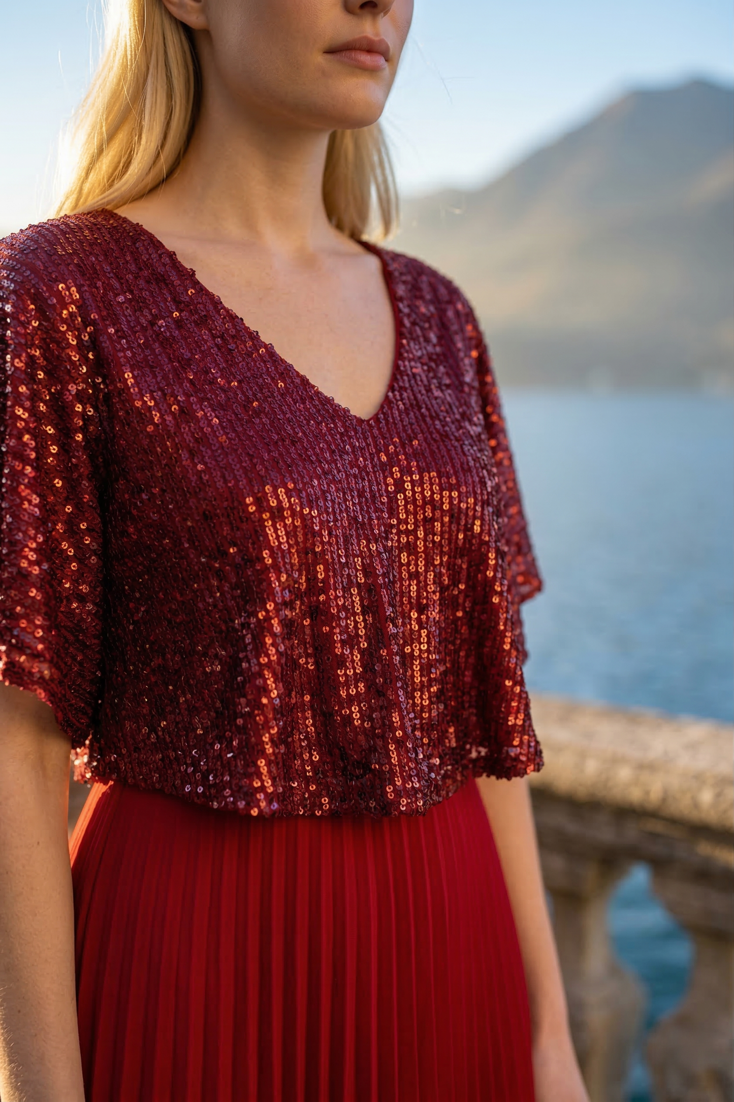 Limsa Club Luna Sequin V-Neck Evening Dress in Red — full-length view