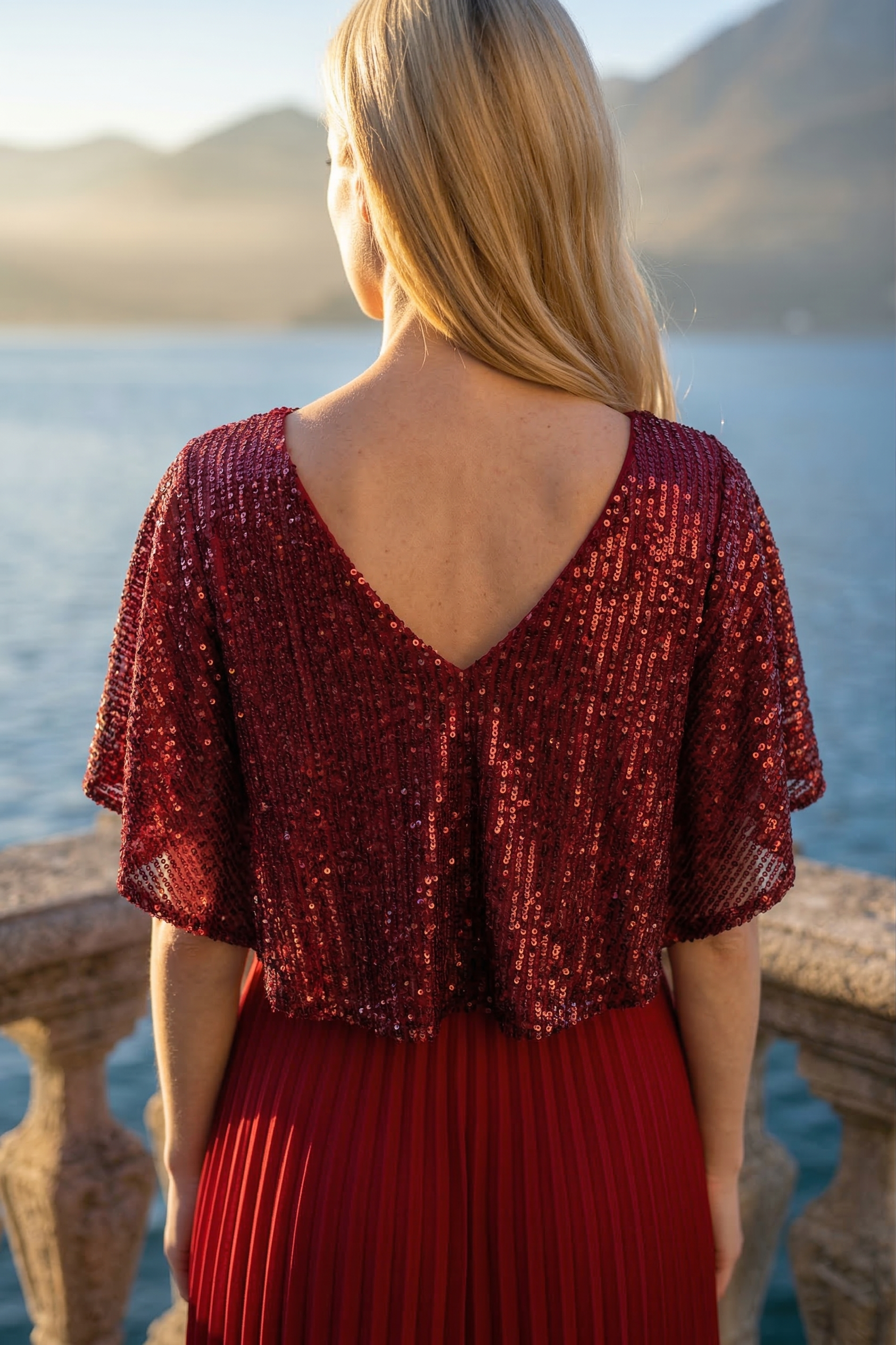 Limsa Club Luna Sequin V-Neck Evening Dress in Red — close-up detail