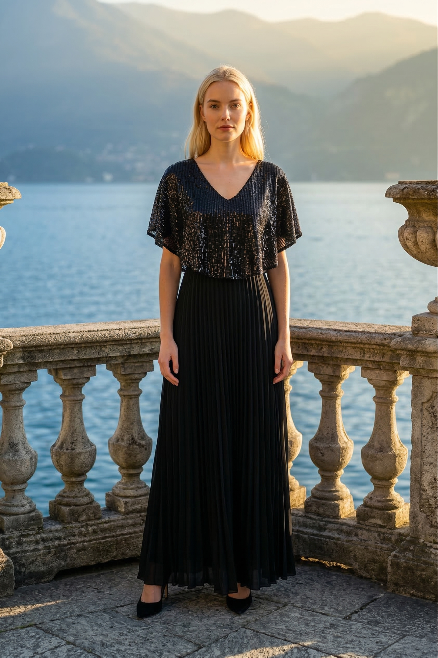 Limsa Club Luna Sequin V-Neck Evening Dress in Black — front view