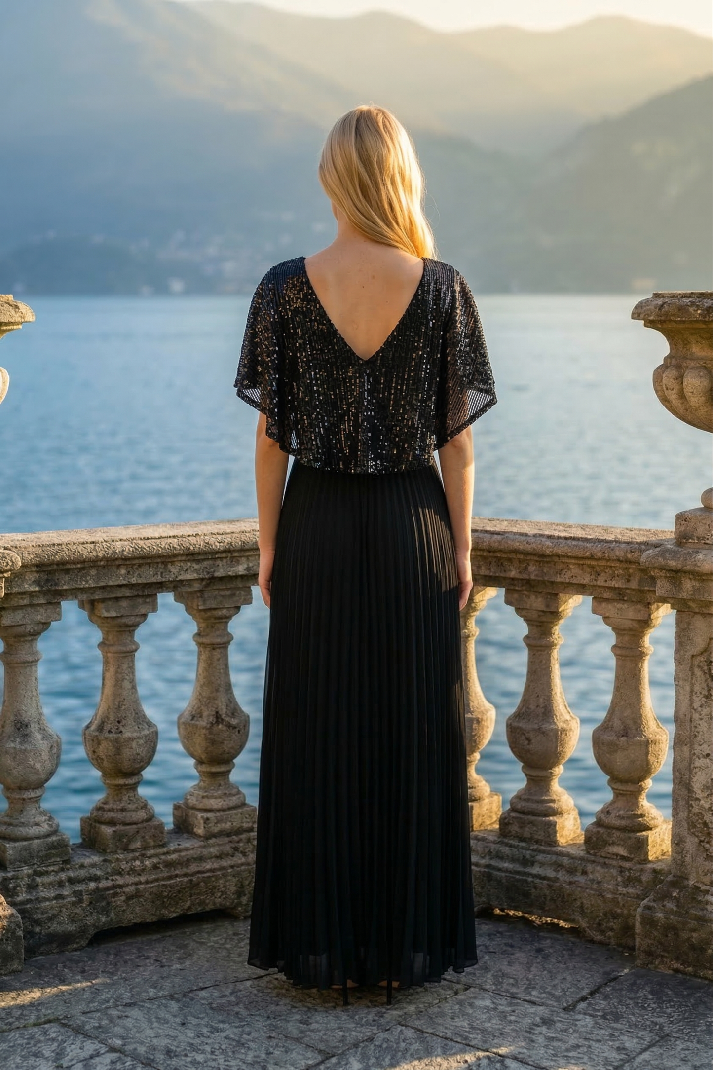 Limsa Club Luna Sequin V-Neck Evening Dress in Black — detail view