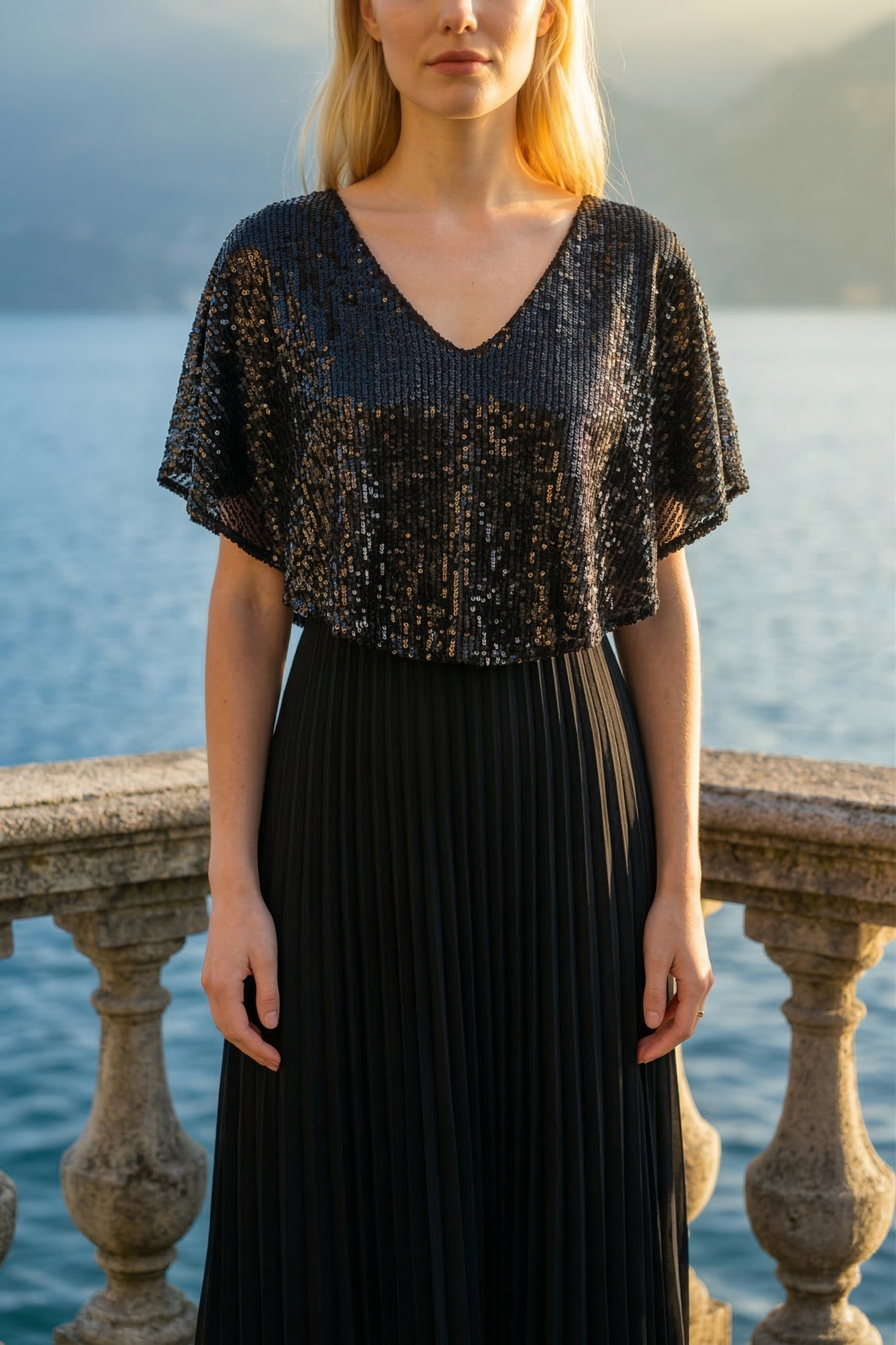 Limsa Club Luna Sequin V-Neck Evening Dress in Black — full-length view