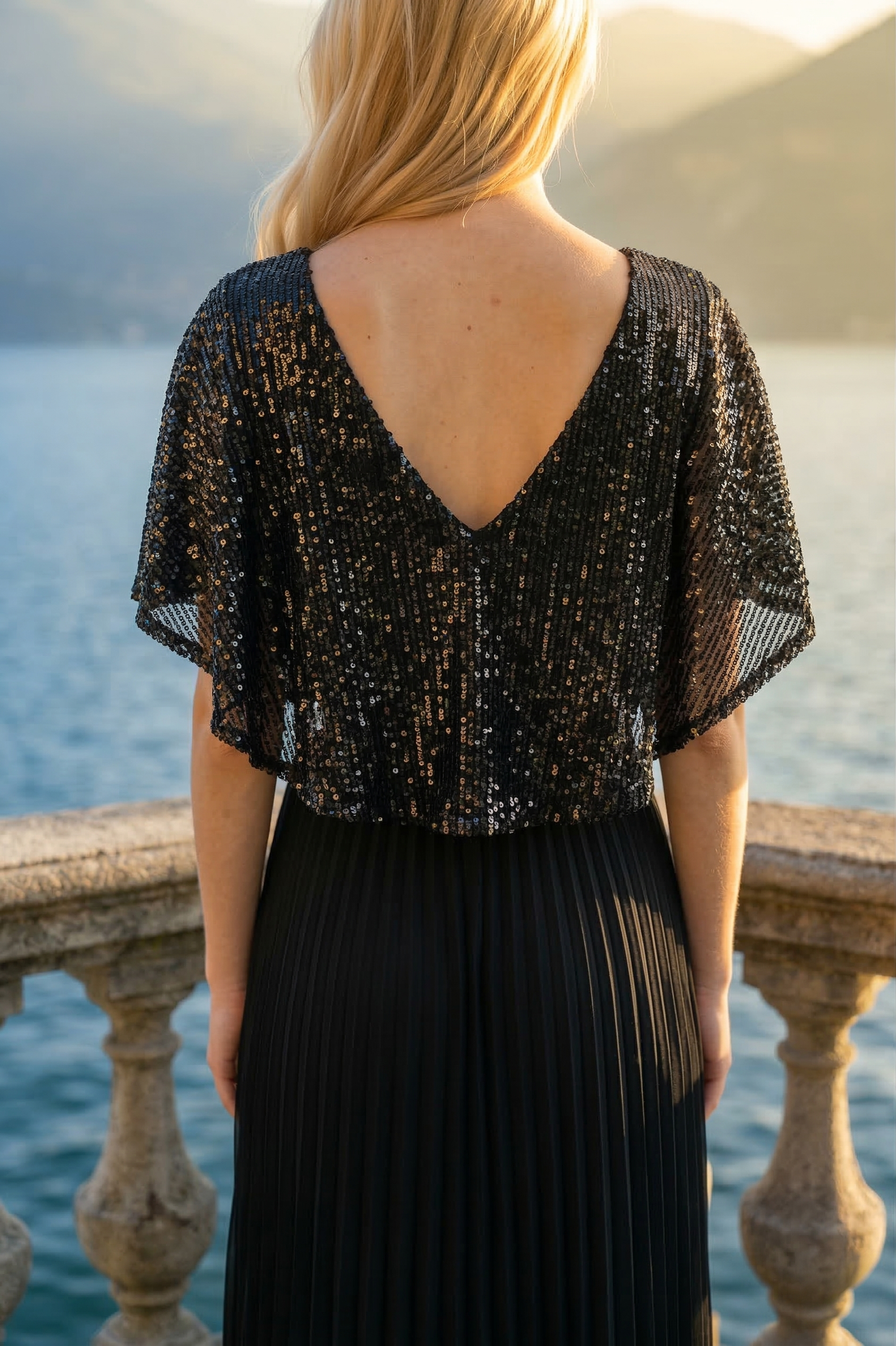 Limsa Club Luna Sequin V-Neck Evening Dress in Black — close-up detail