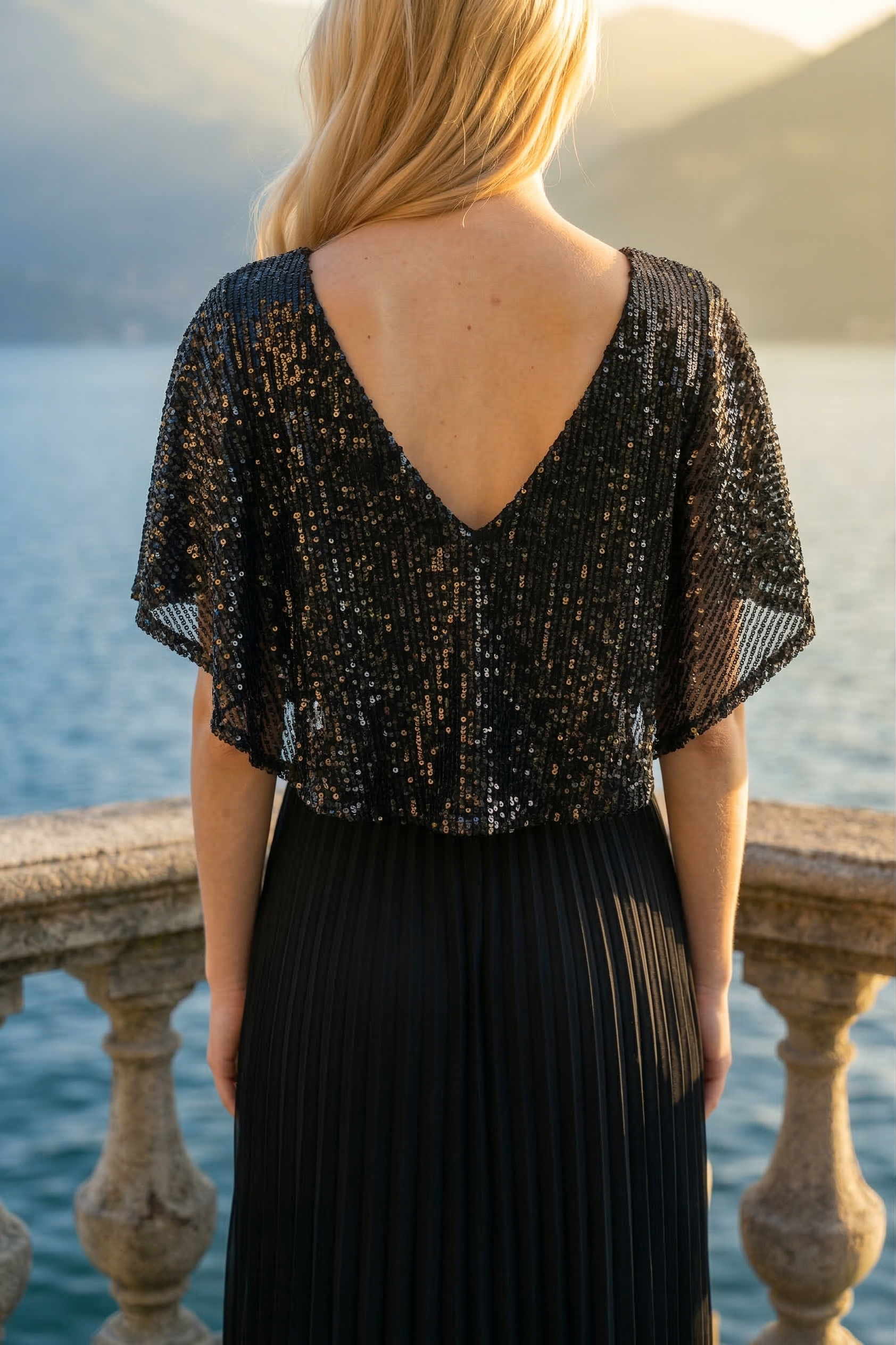 Limsa Club Luna Sequin V-Neck Evening Dress in Black — close-up detail