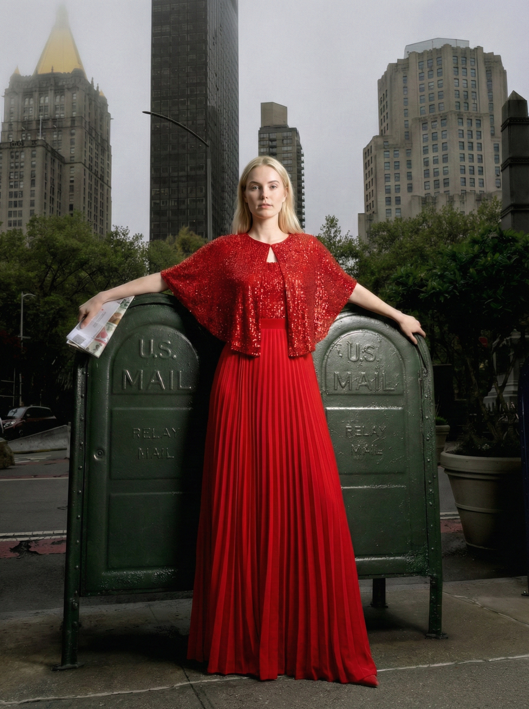 Front view of Viva red sequin pleated maxi evening dress with cape overlay and flowing skirt, Limsa Club