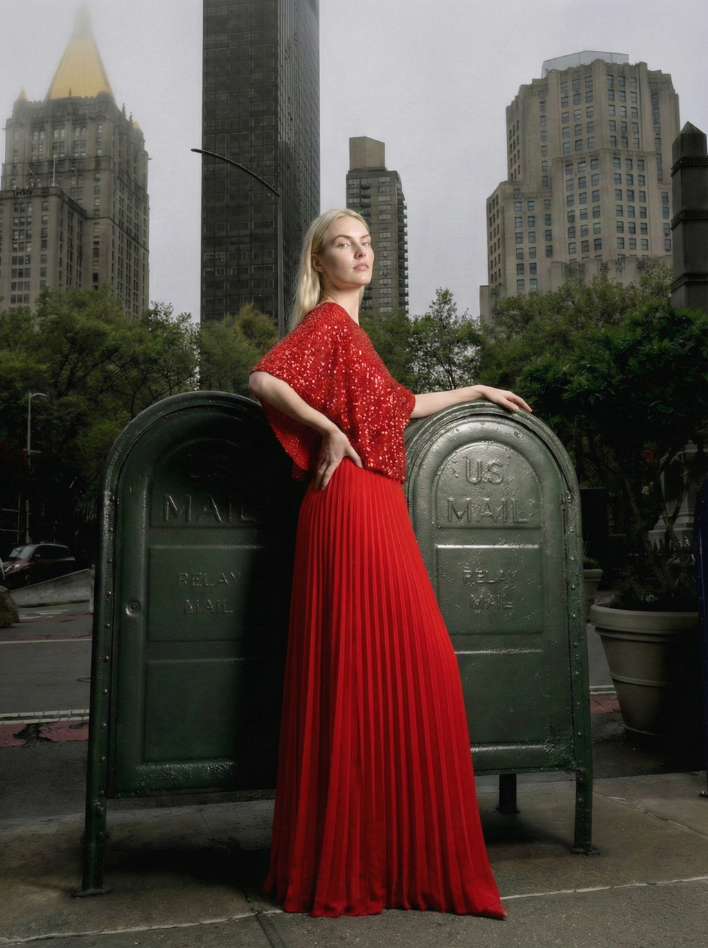 Side view of Viva red sequin pleated maxi evening dress with flowing skirt and cape overlay, elegant formal gown, Limsa Club